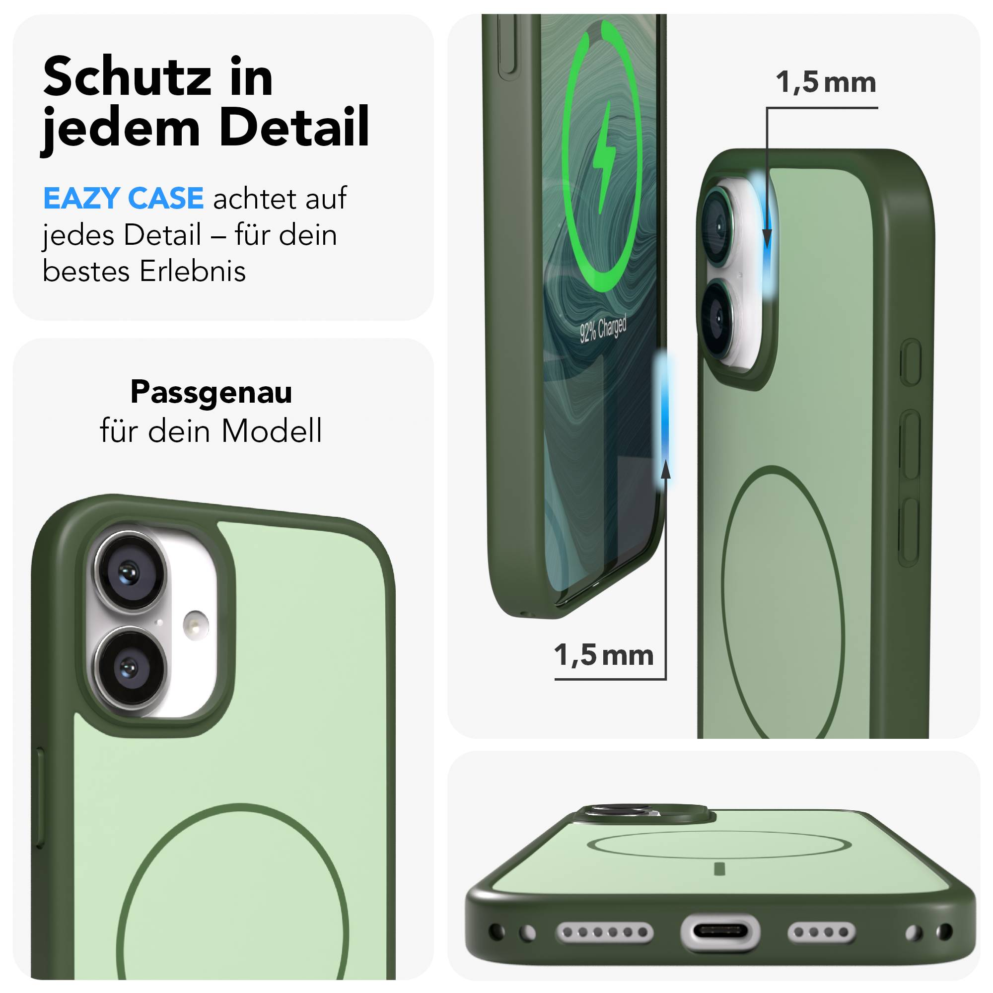 Eine grüne Handyhülle mit Kameraausschnitt und Ladeanzeige.