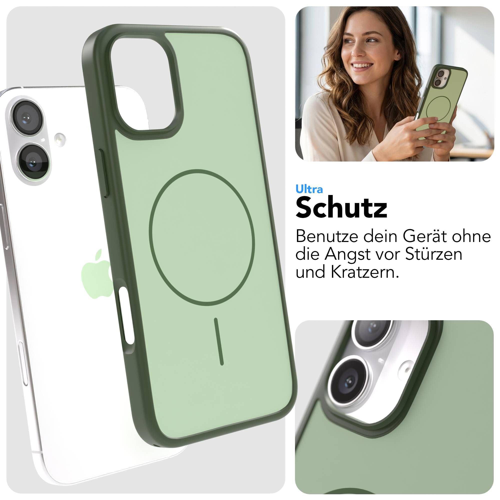 Grüne Handyhülle mit weißem iPhone und Frau, die ein Handy hält.