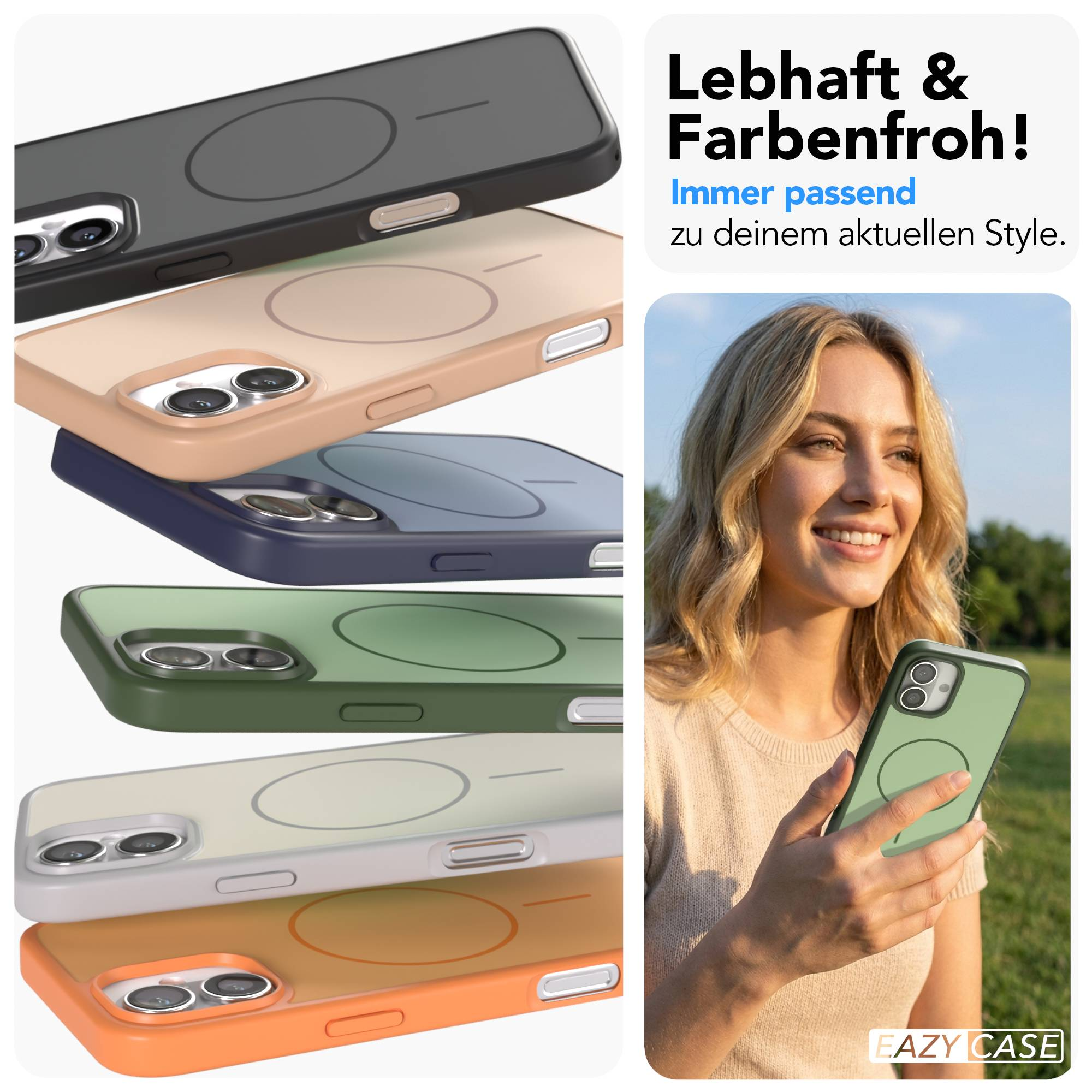 Mehrere iPhone-Hüllen in verschiedenen Farben, eine Frau hält eine grüne Hülle.