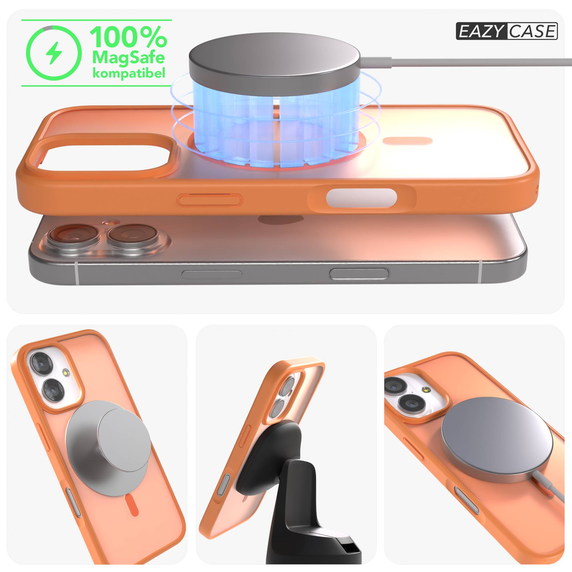 Orange Hülle mit MagSafe-Ladegerät, auf einem iPhone montiert.