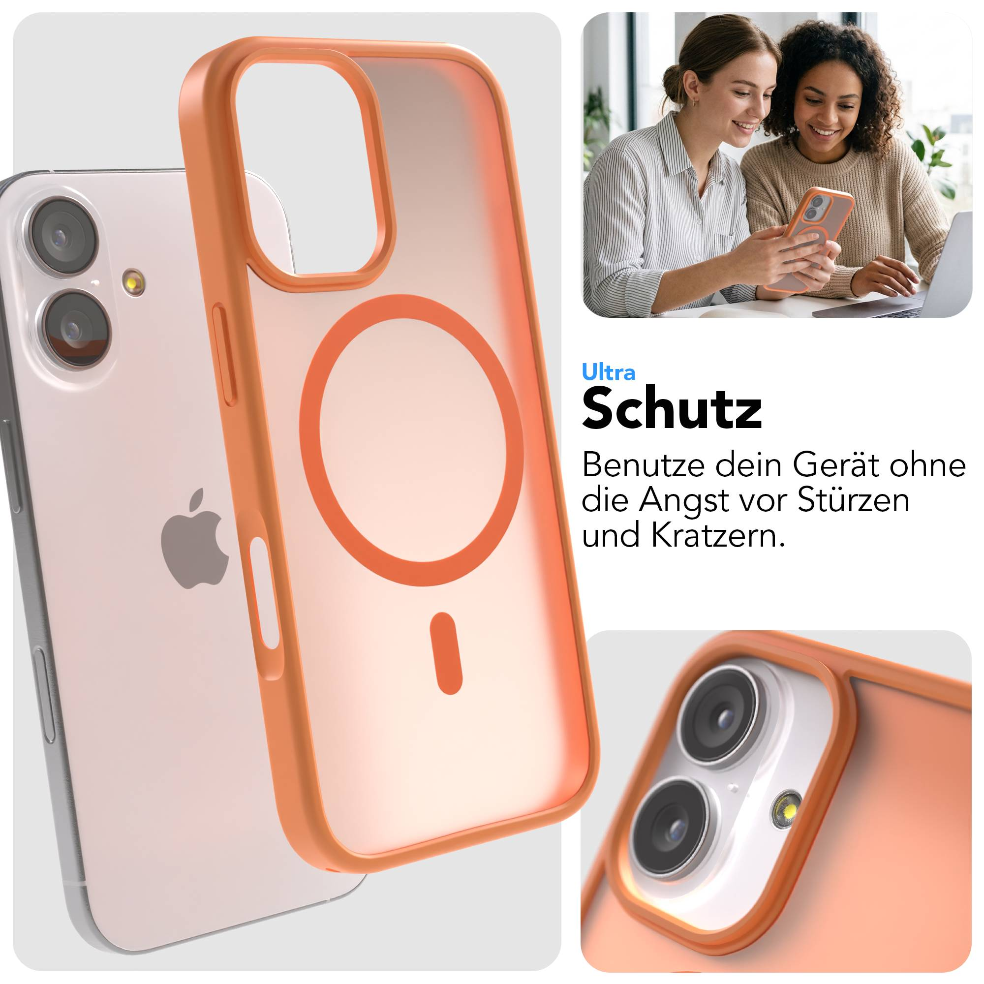 Orange Handyhülle neben einem iPhone, mit zwei Frauen, die ein Handy benutzen.