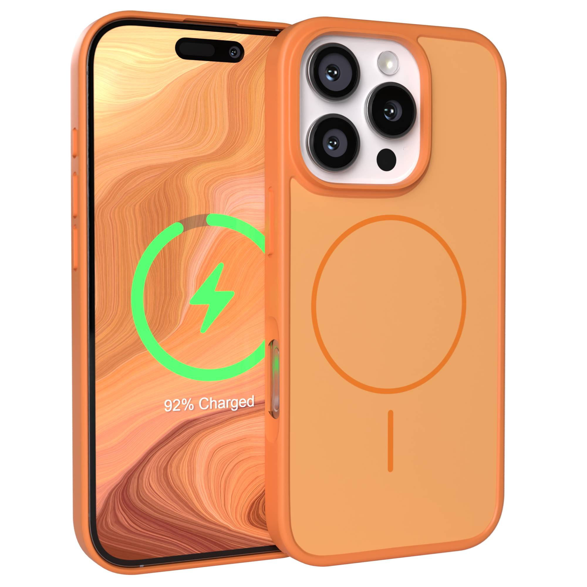 Ein oranges iPhone mit Ladestatus 92% und einer Kameramodul-Abdeckung.