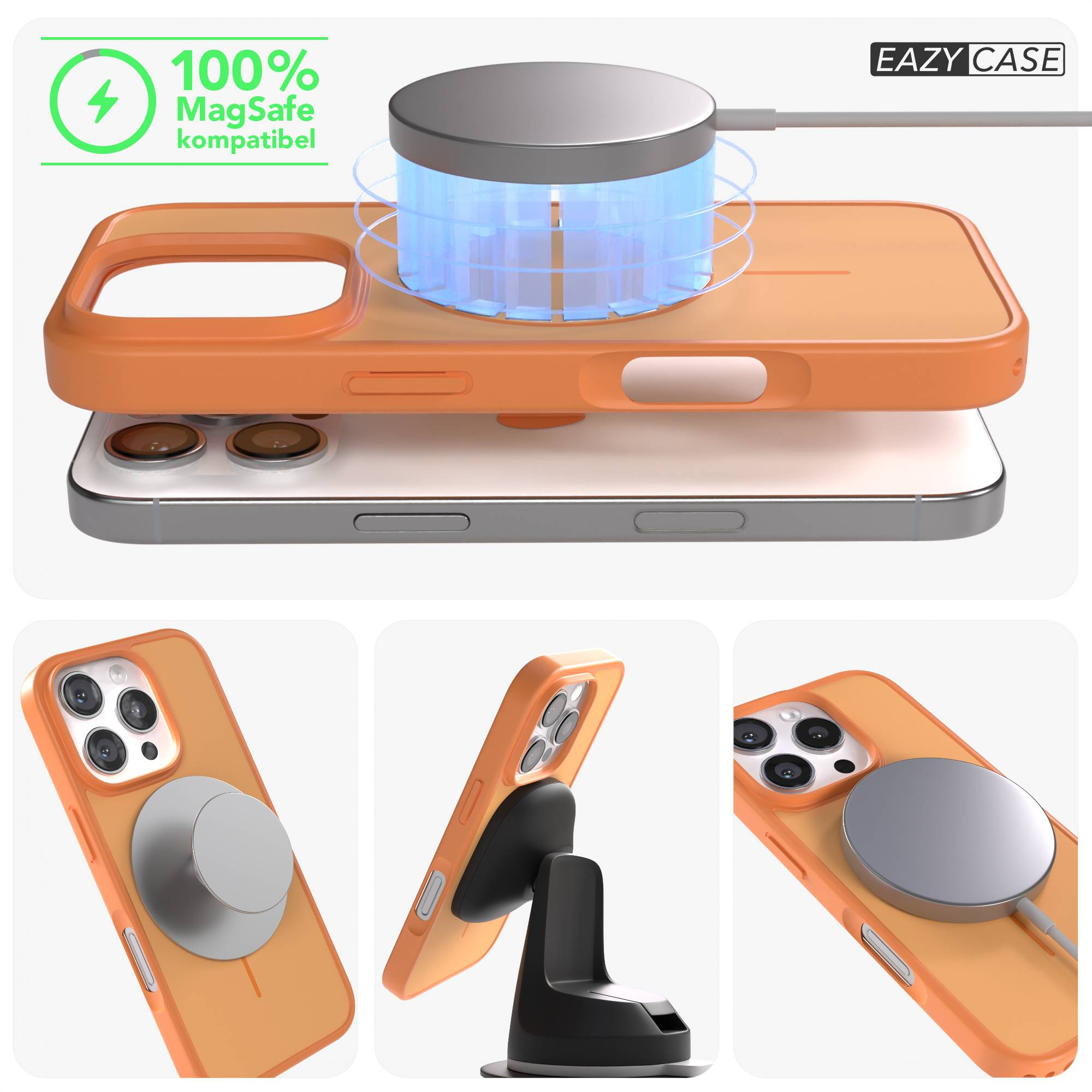 Orangefarbene Handyhülle mit MagSafe-Ladegerät und Ständer.