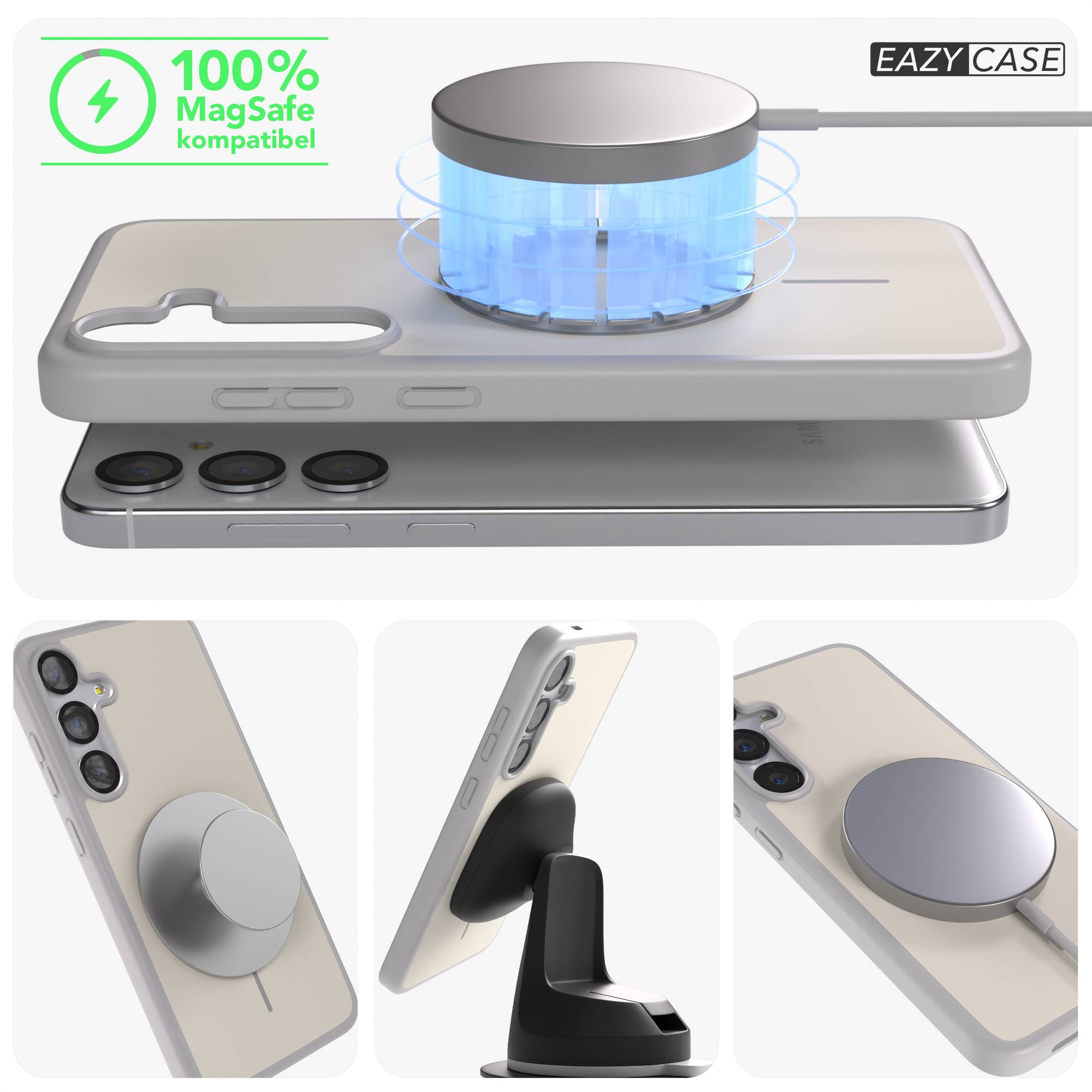Ein weißes Smartphone mit MagSafe-Ladegerät und Ständer. Eazy Case.