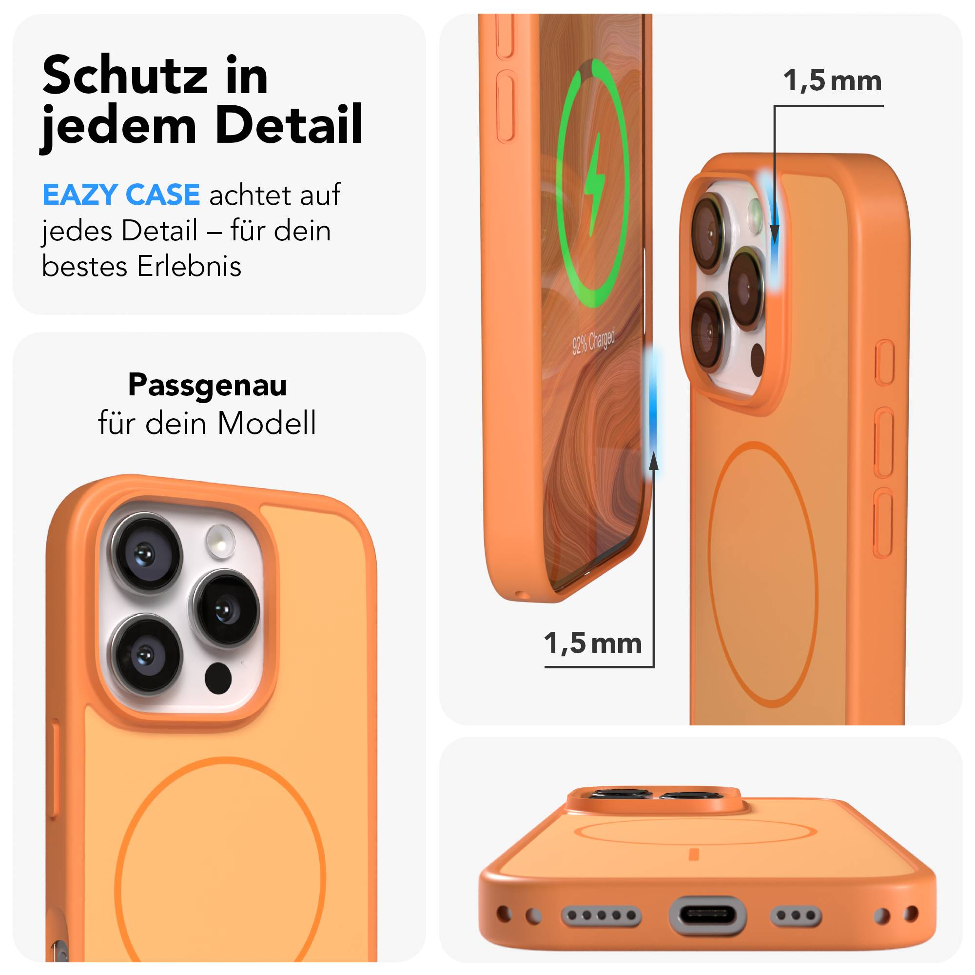 Orange Handyhülle mit Kameraausschnitt, Ladeanzeige und Maßangabe 1,5mm.