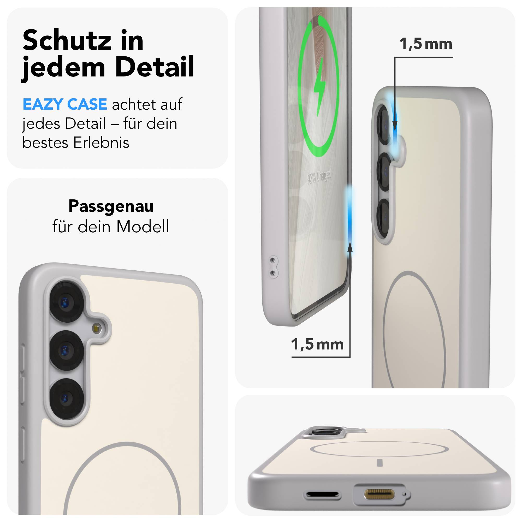 Ein weißes Handy mit Lade-Symbol im Case und 1,5mm Dicke.