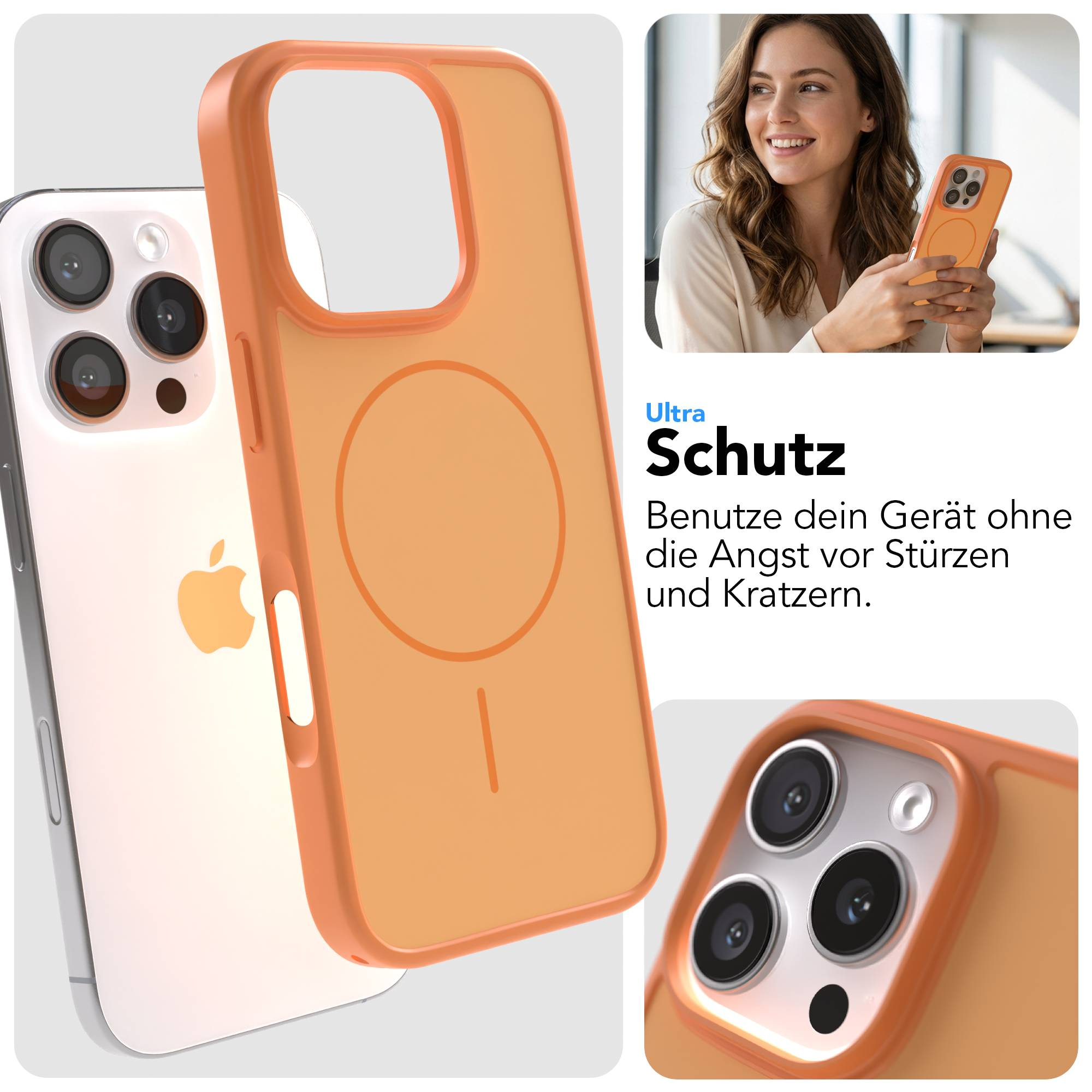 Ein orangefarbenes Handycover neben einem iPhone, Nahaufnahme der Kamera.