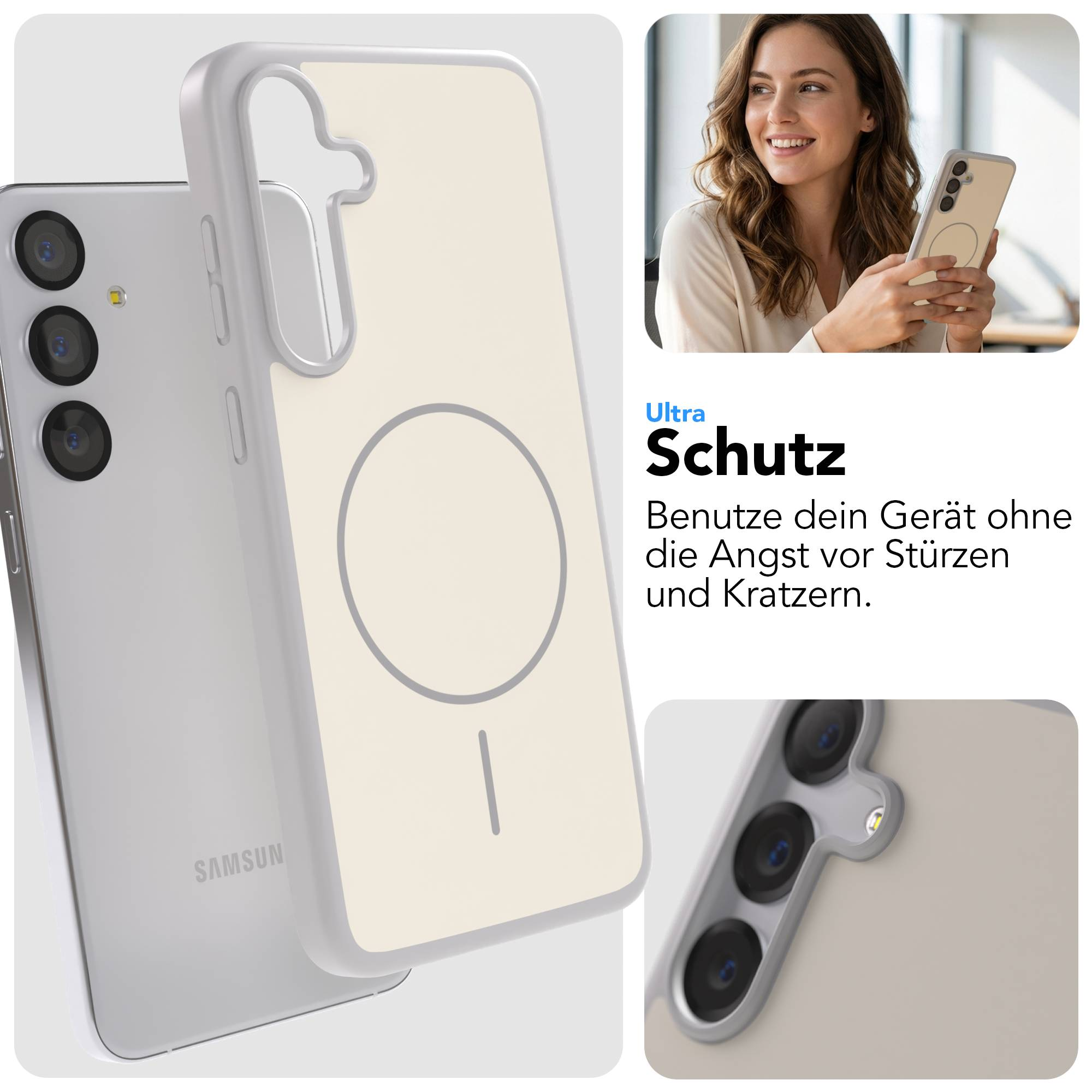 Ein Handy mit einer Hülle, das von einer Frau gehalten wird.