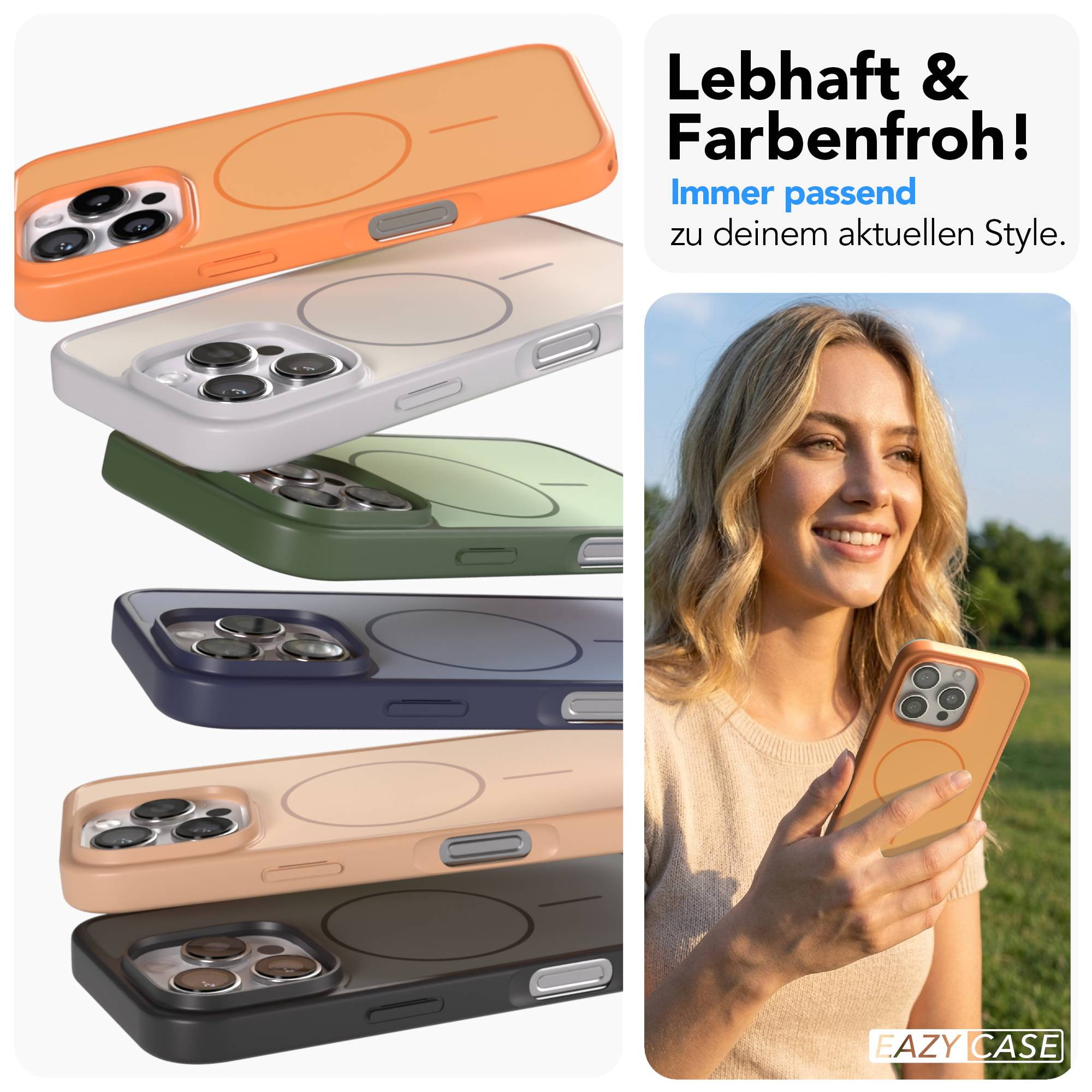 Eine Frau hält ein Handy mit orangenem Case. Mehrere Handyhüllen liegen daneben.