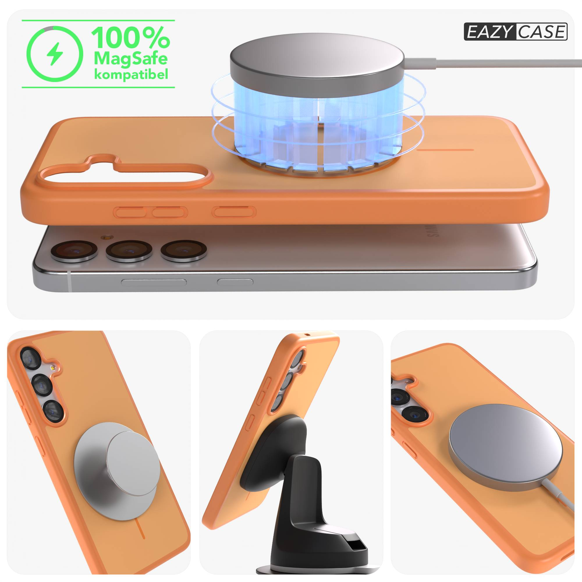 Orange Hülle auf einem Smartphone mit MagSafe-Ladegerät und Ständer.