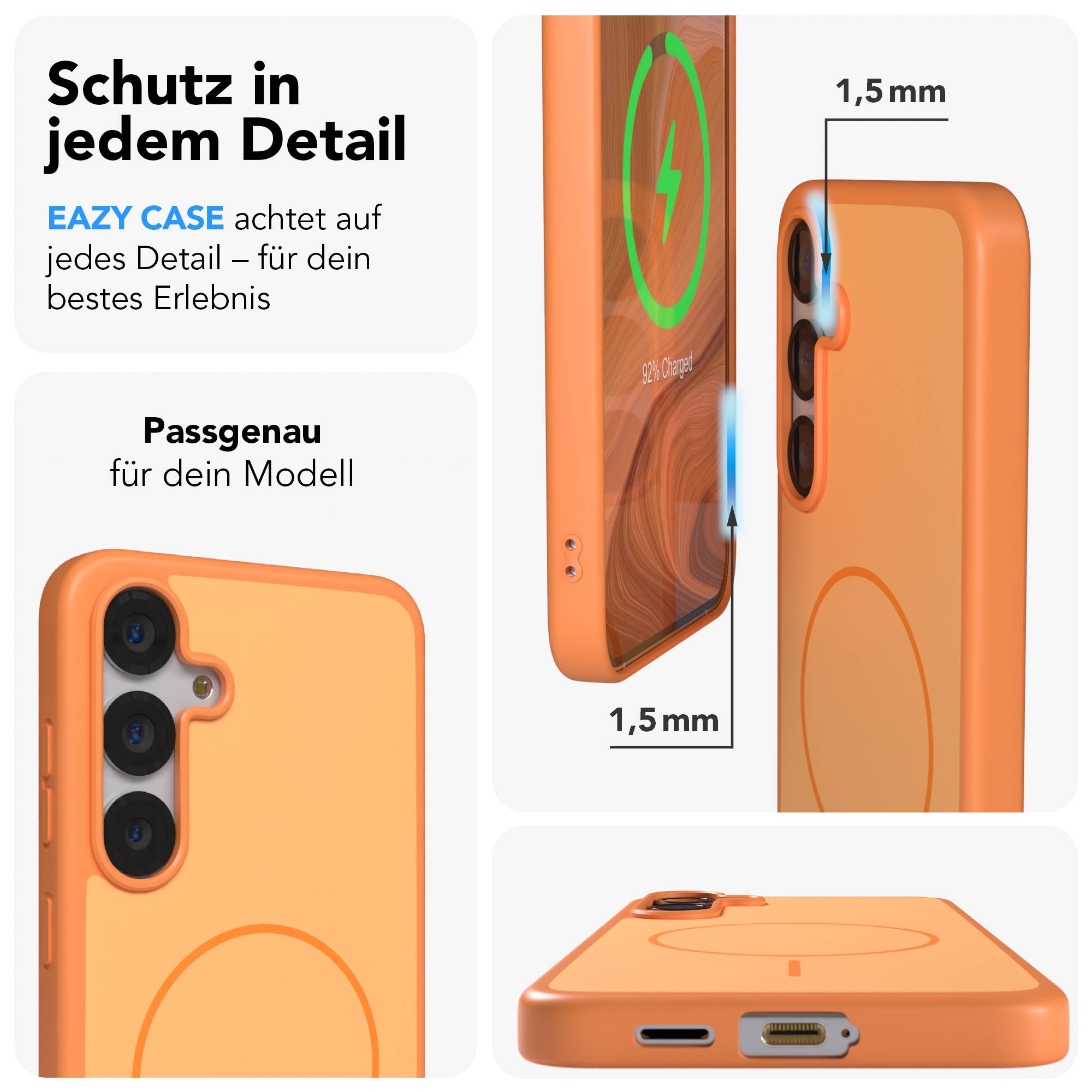 Orange Handyhülle mit Kamerasteg und Ladeanschluss. 1,5 mm Dicke.