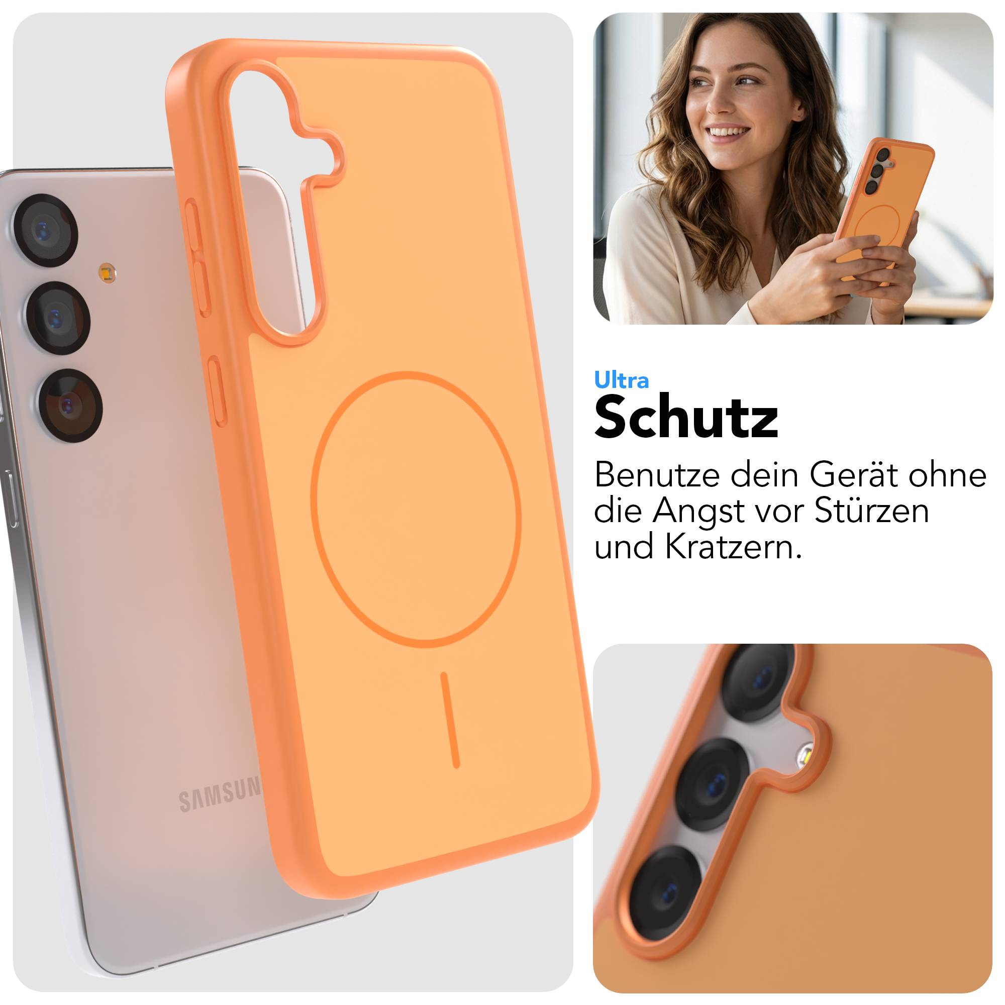 Orange Hülle für Samsung-Handy mit drei Kameras, MagSafe-Ring.