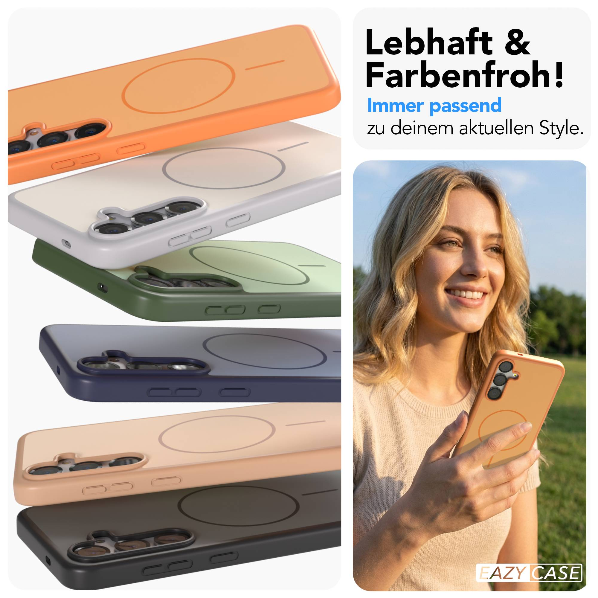 Frau hält ein orangefarbenes Handy mit Hülle, daneben sind mehrere Handyhüllen gestapelt.