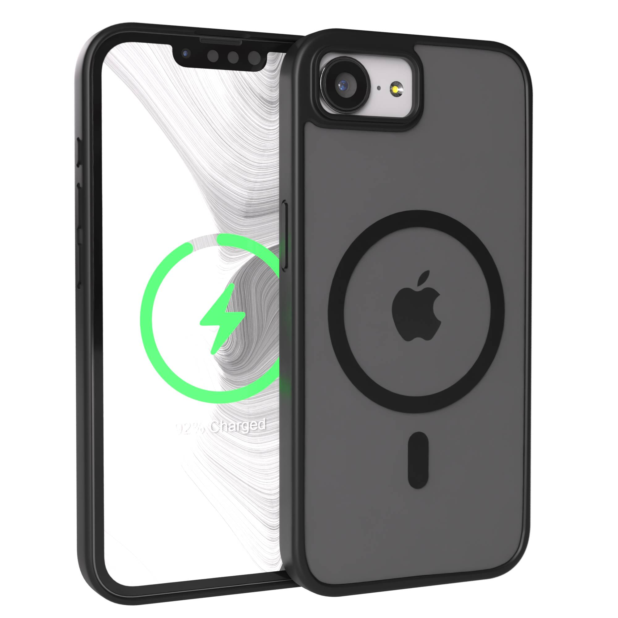 Ein graues iPhone mit Hülle wird drahtlos geladen. Das Display zeigt 92% an.