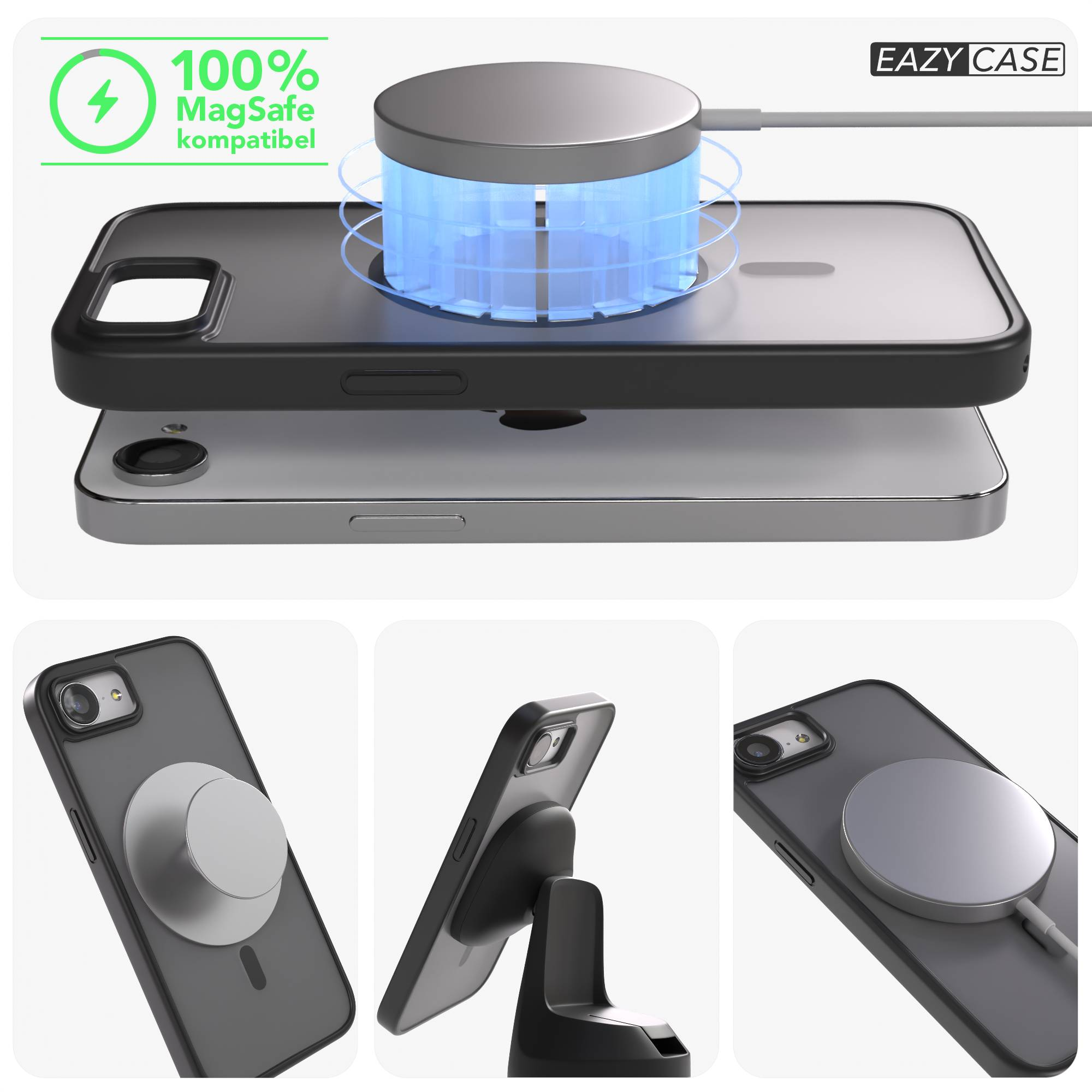Schwarzes iPhone mit MagSafe-Ladegerät und Halterung. 100% MagSafe kompatibel.
