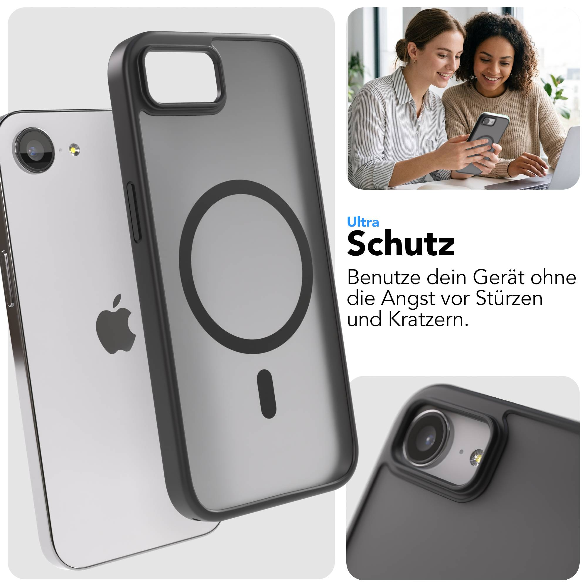 Ein schwarzes iPhone mit Hülle, das zwei Frauen gezeigt wird.