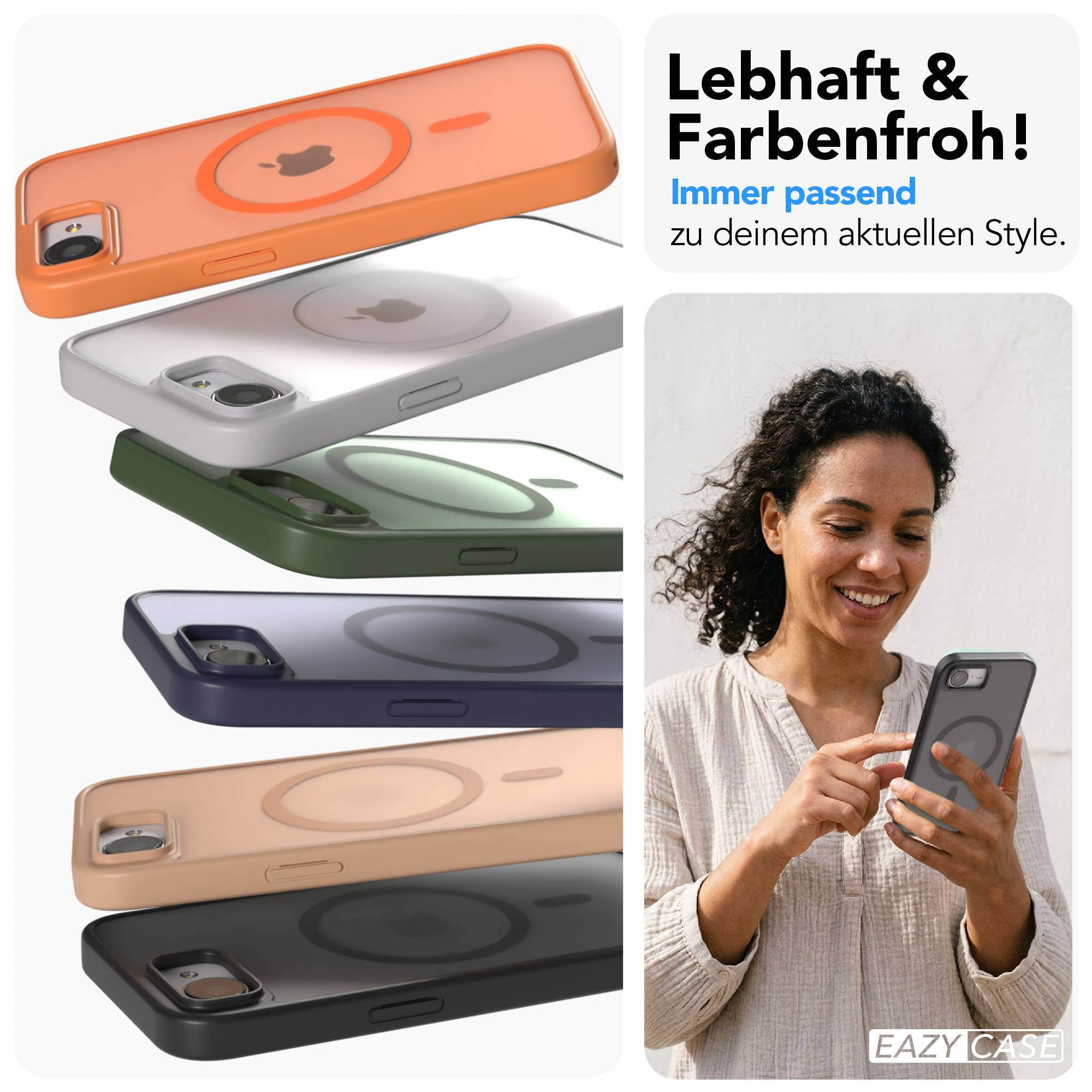 Mehrere iPhone-Hüllen in verschiedenen Farben mit einem Apple-Logo.