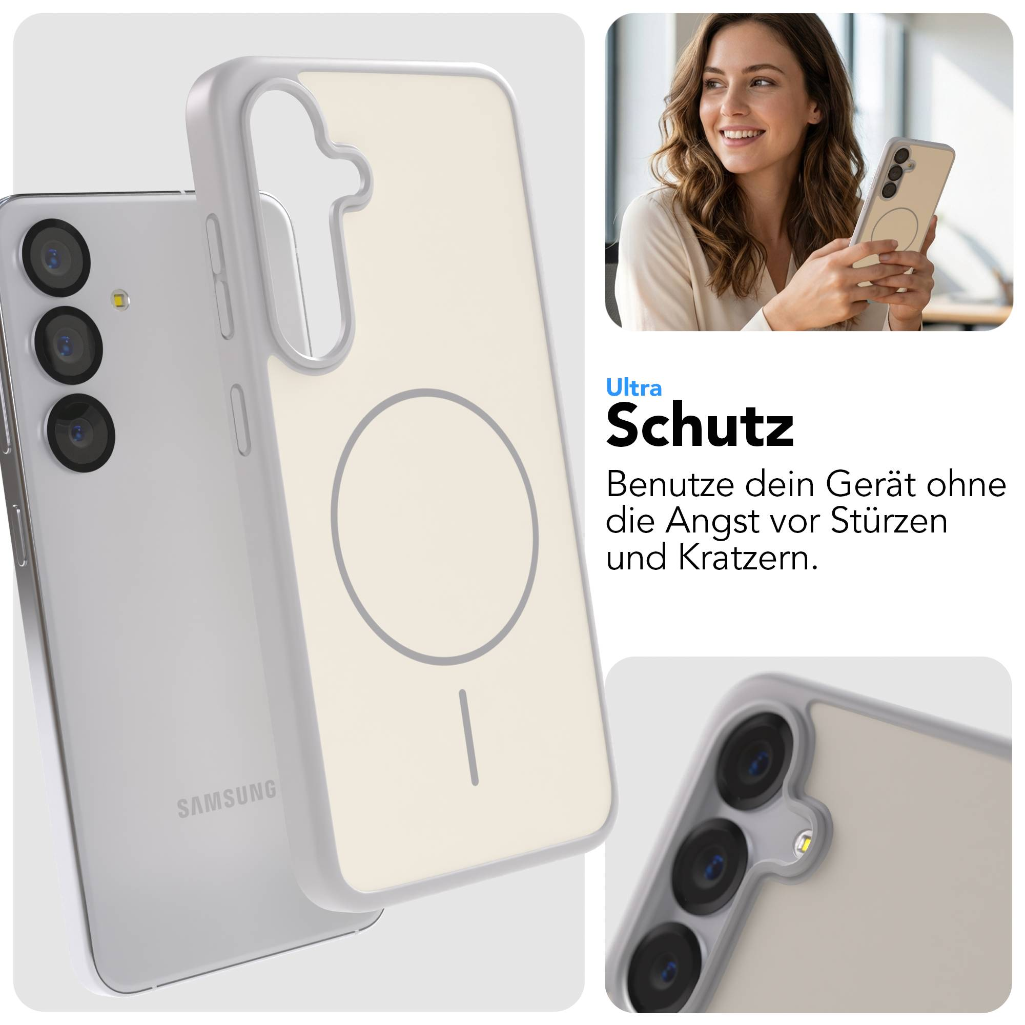 Ein helles Handy mit Schutzhülle und Frau, die es hält.