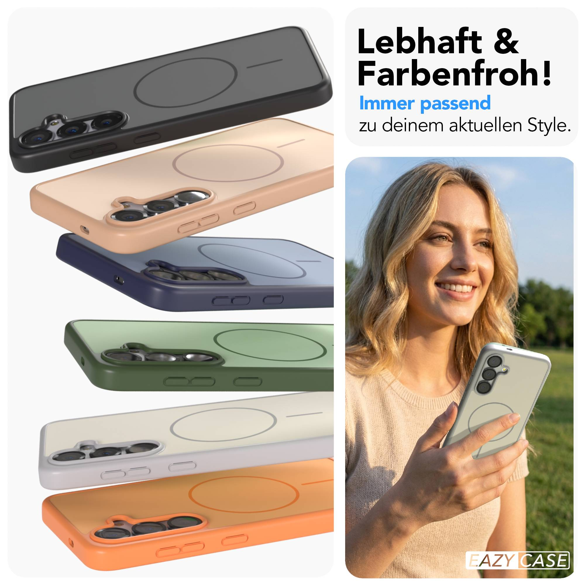 Mehrere bunte Handyhüllen gestapelt, daneben eine Frau mit einem Handy.