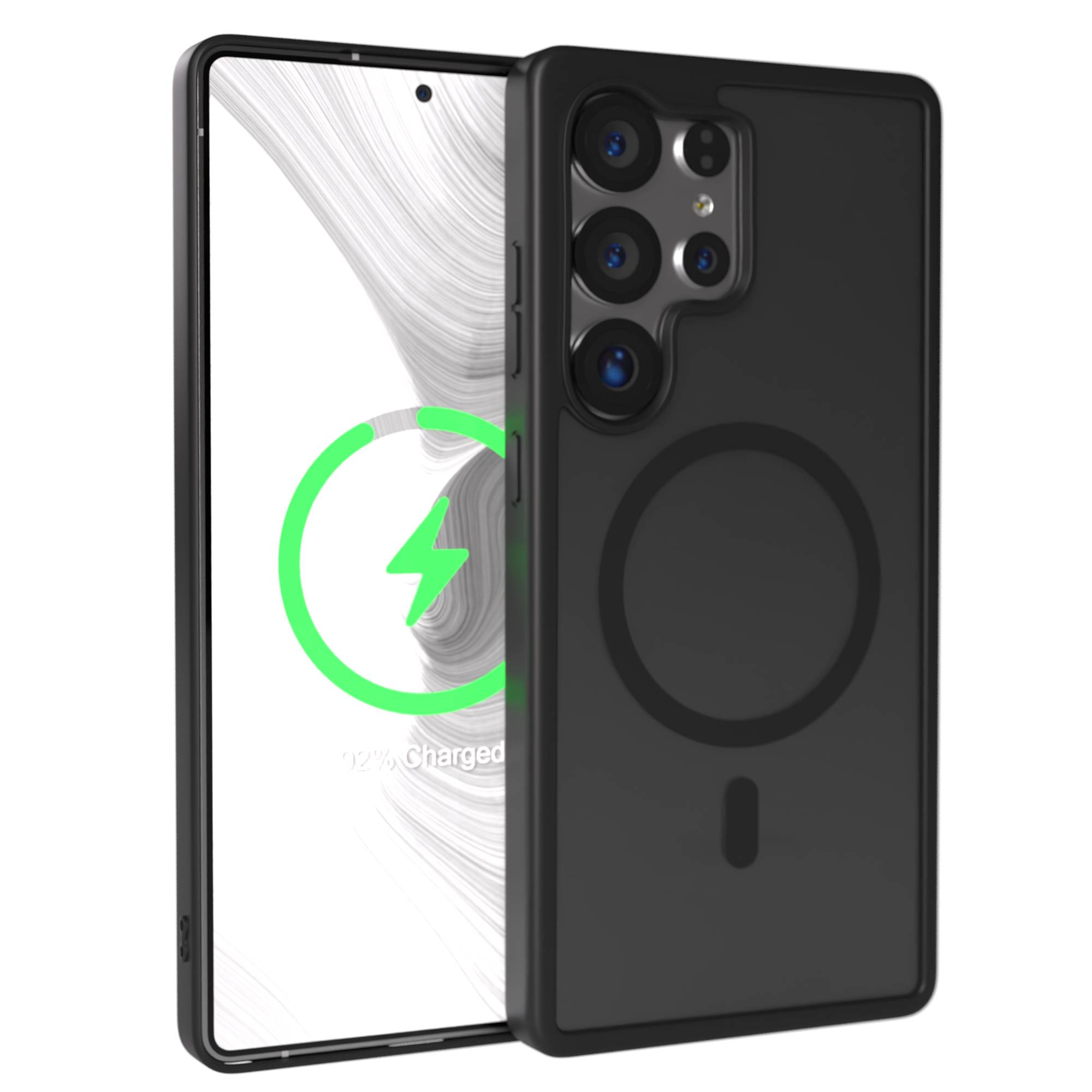 Ein schwarzes Handy mit Hülle, das zu 92% geladen ist.