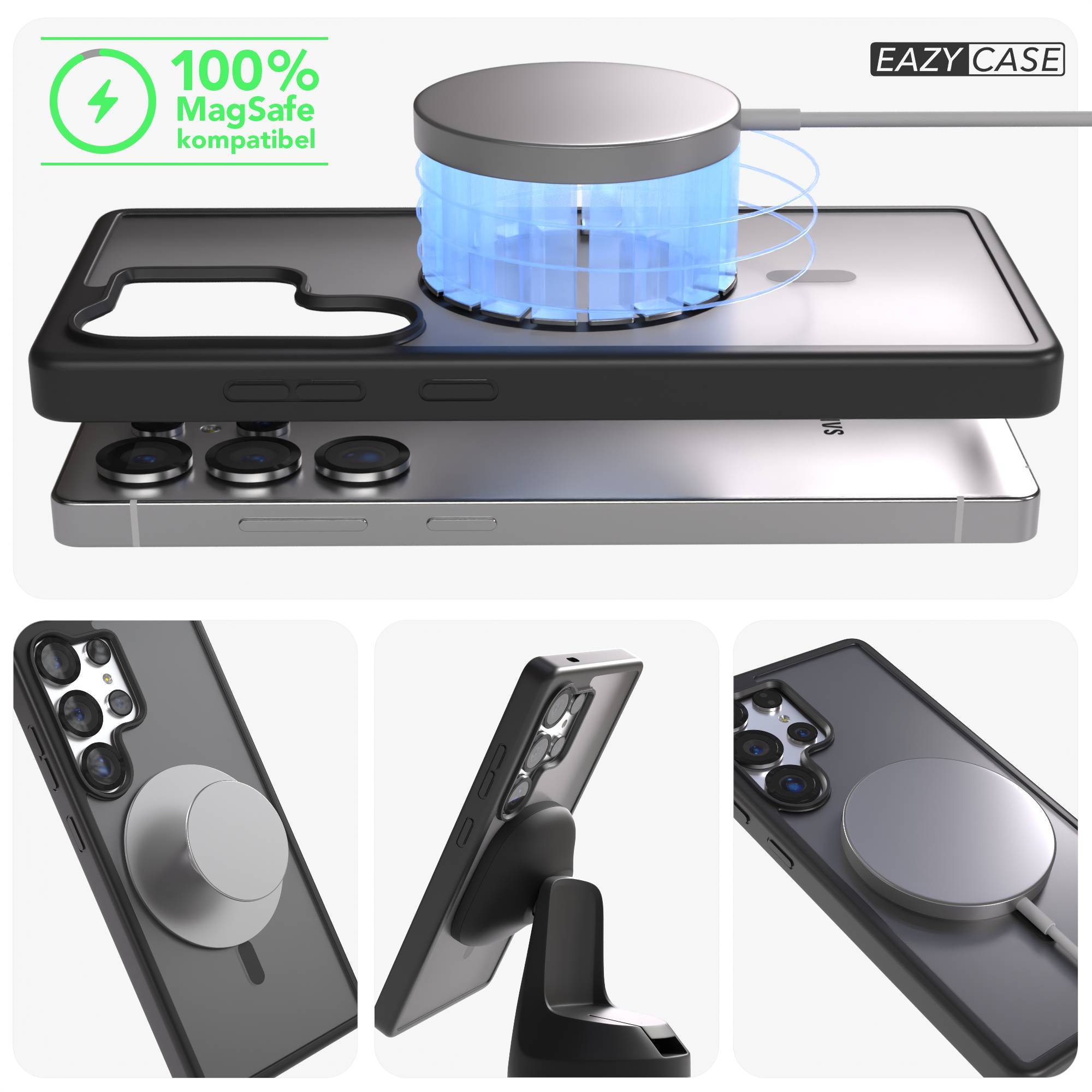 Schwarze Hülle mit MagSafe-Ladegerät und blauem Lichteffekt über Silbernem Handy.