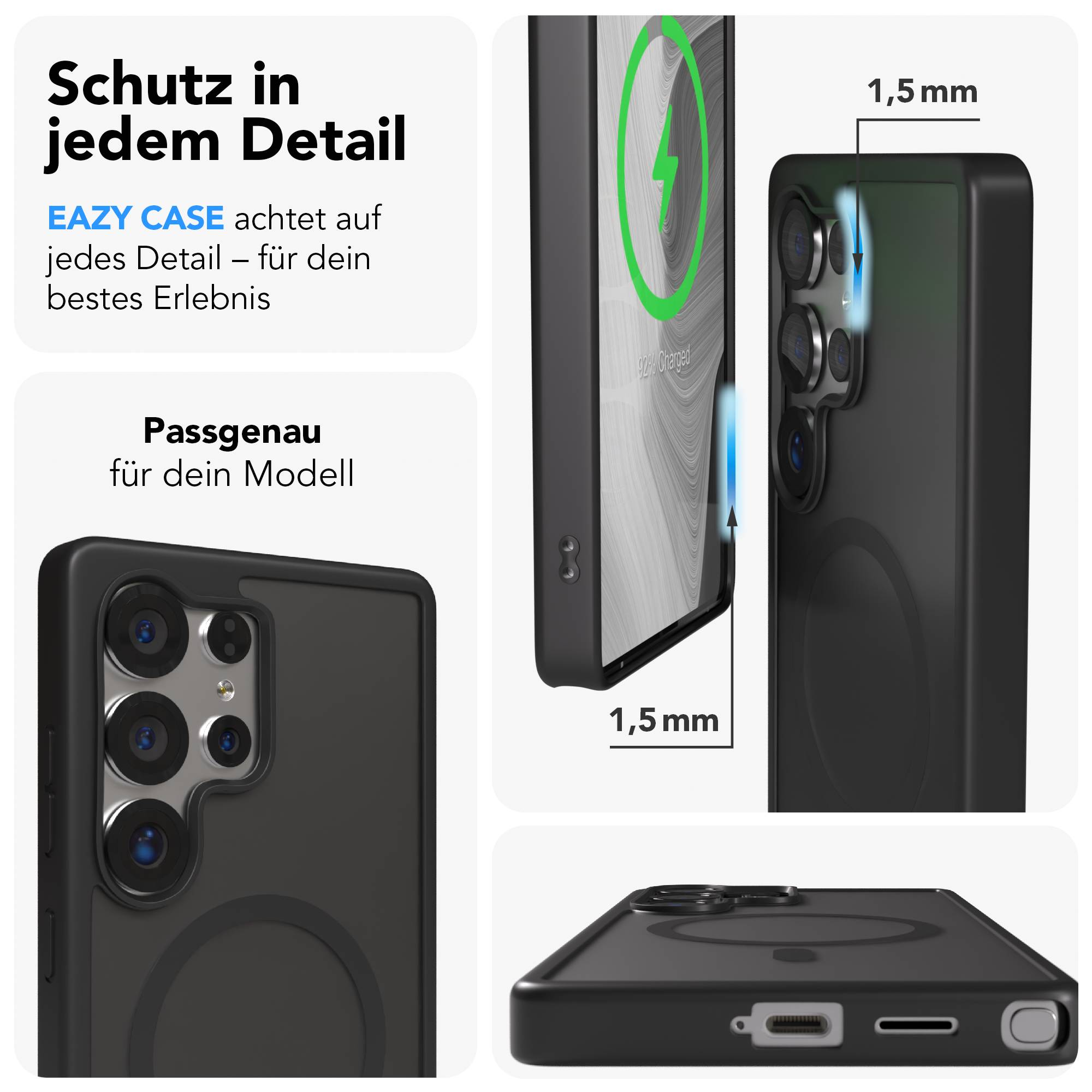 Schwarze Handyhülle mit 1,5mm Dicke, zeigt Ladeanzeige und Kameraset.