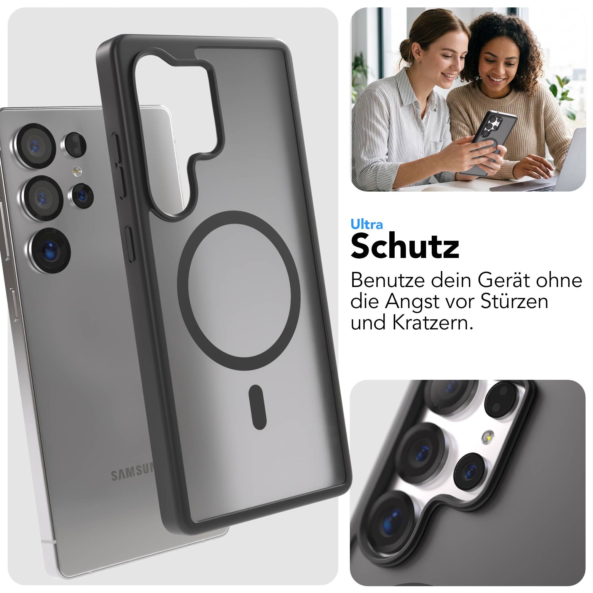 Transparente Handyhülle mit schwarzem Rand, zeigt das Handy und zwei Frauen am Laptop.