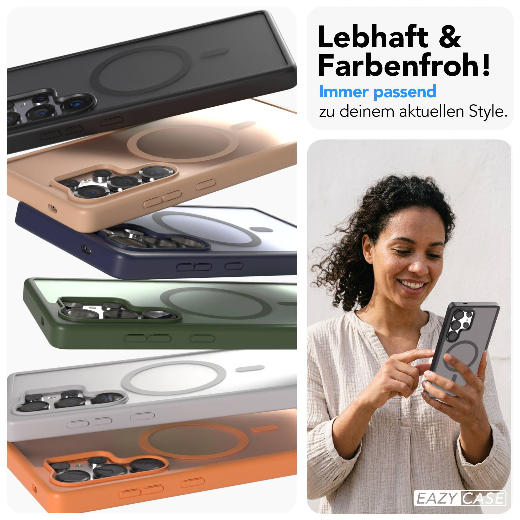 Mehrere farbige Handyhüllen mit Magnetring und ein Mann hält ein Handy mit Hülle.