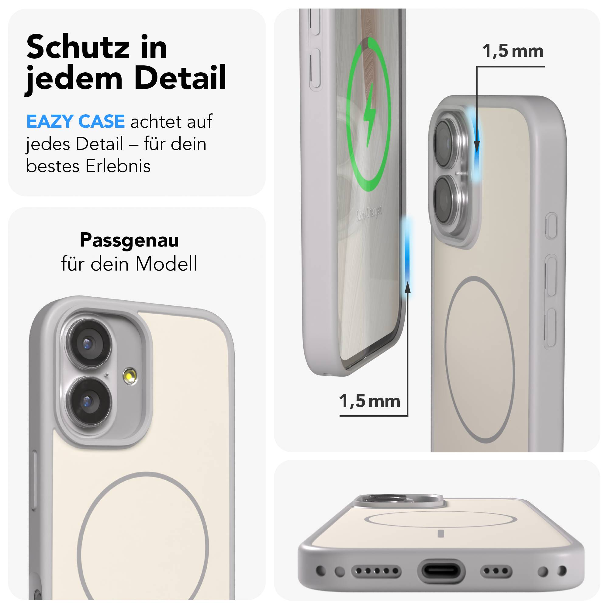 Ein hellgraues Handycover wird aus verschiedenen Blickwinkeln gezeigt.