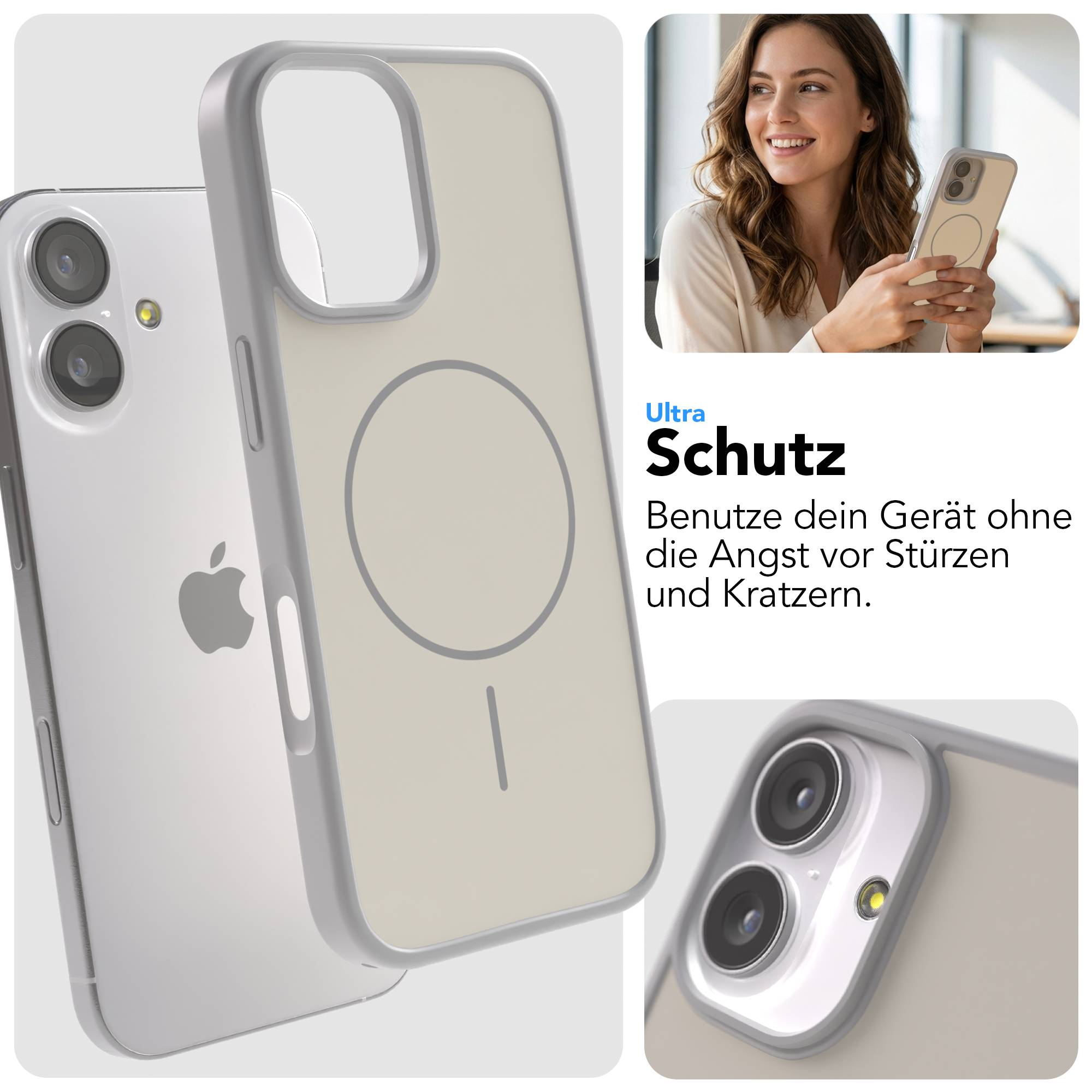 Ein iPhone mit Schutzhülle und eine Frau hält ein Handy.