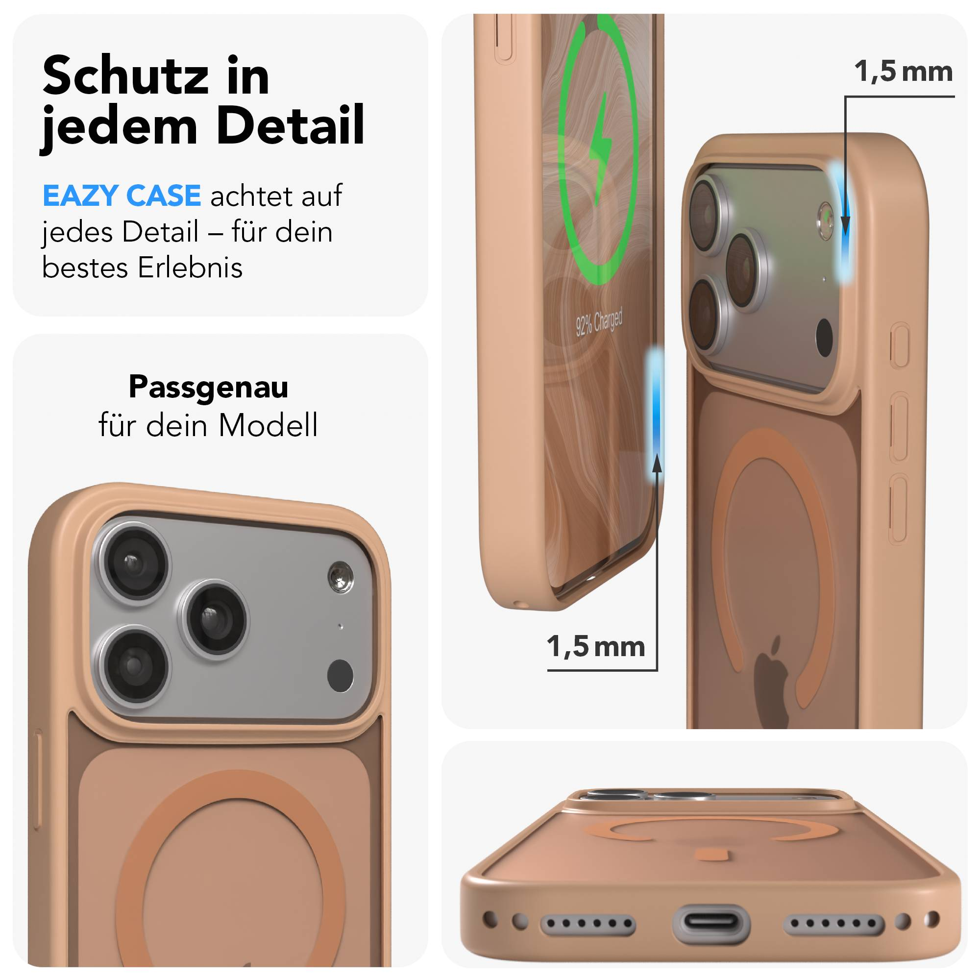 Ein iPhone mit beigem Case, das kabellos lädt (92%).