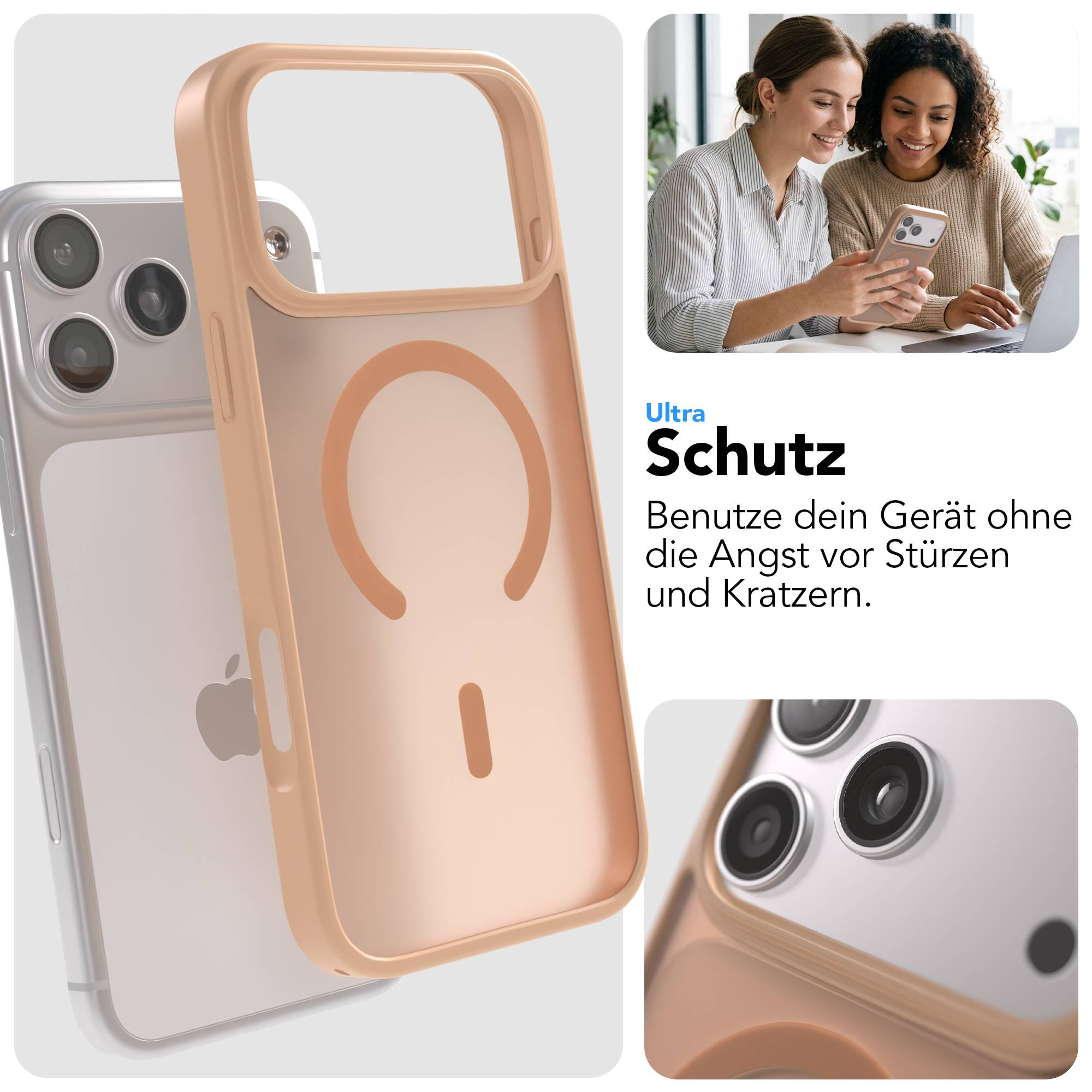 Ein iPhone mit einer rosafarbenen Hülle, die MagSafe-Technologie zeigt.