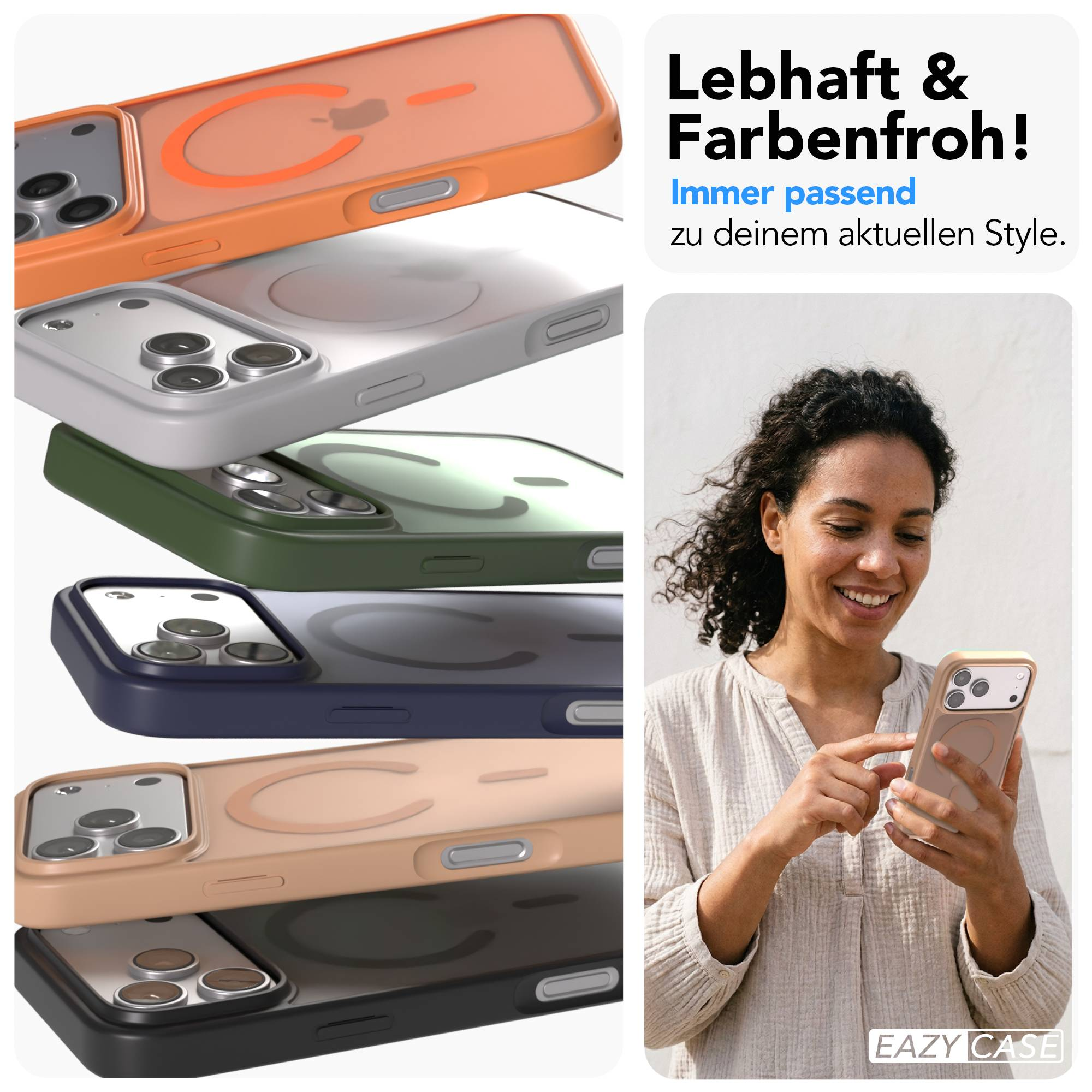 Mehrere iPhone-Hüllen in verschiedenen Farben, gestapelt, neben einer Frau.