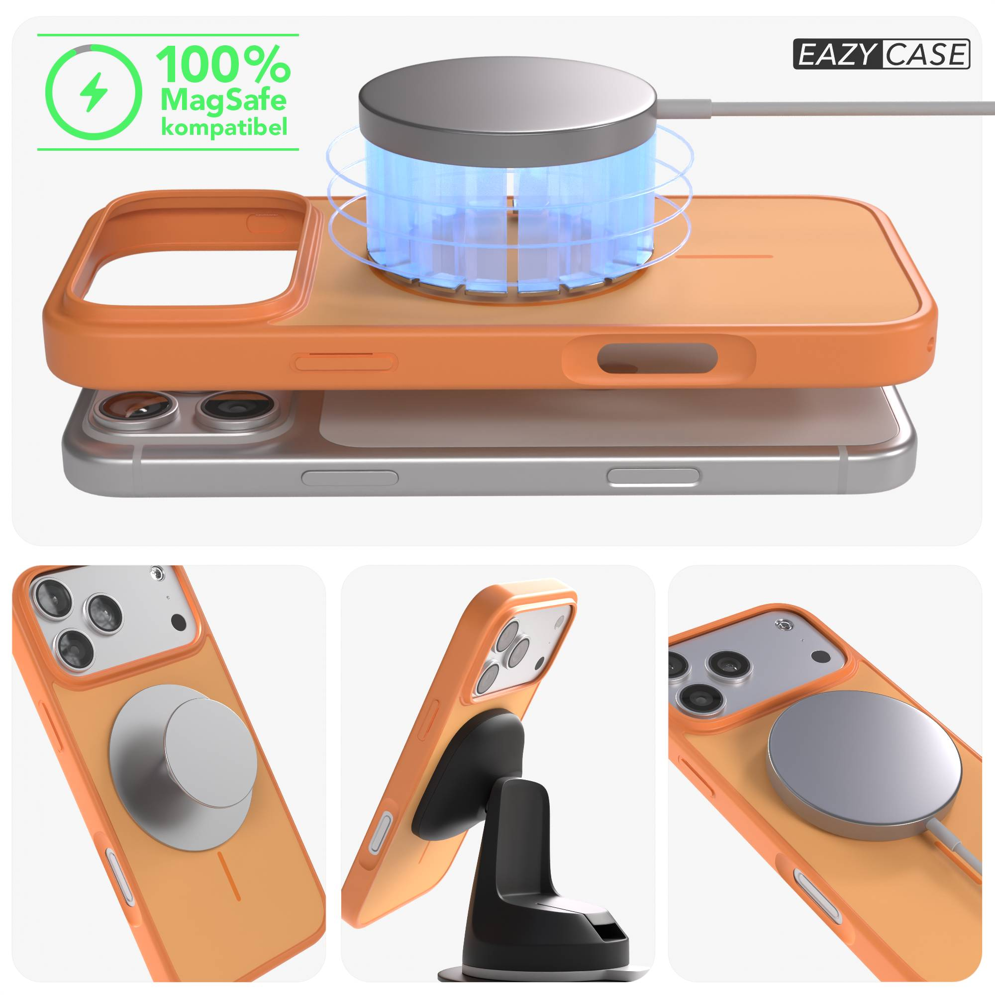 Orange MagSafe Hülle und Ladegerät mit blauem Lichtschein.