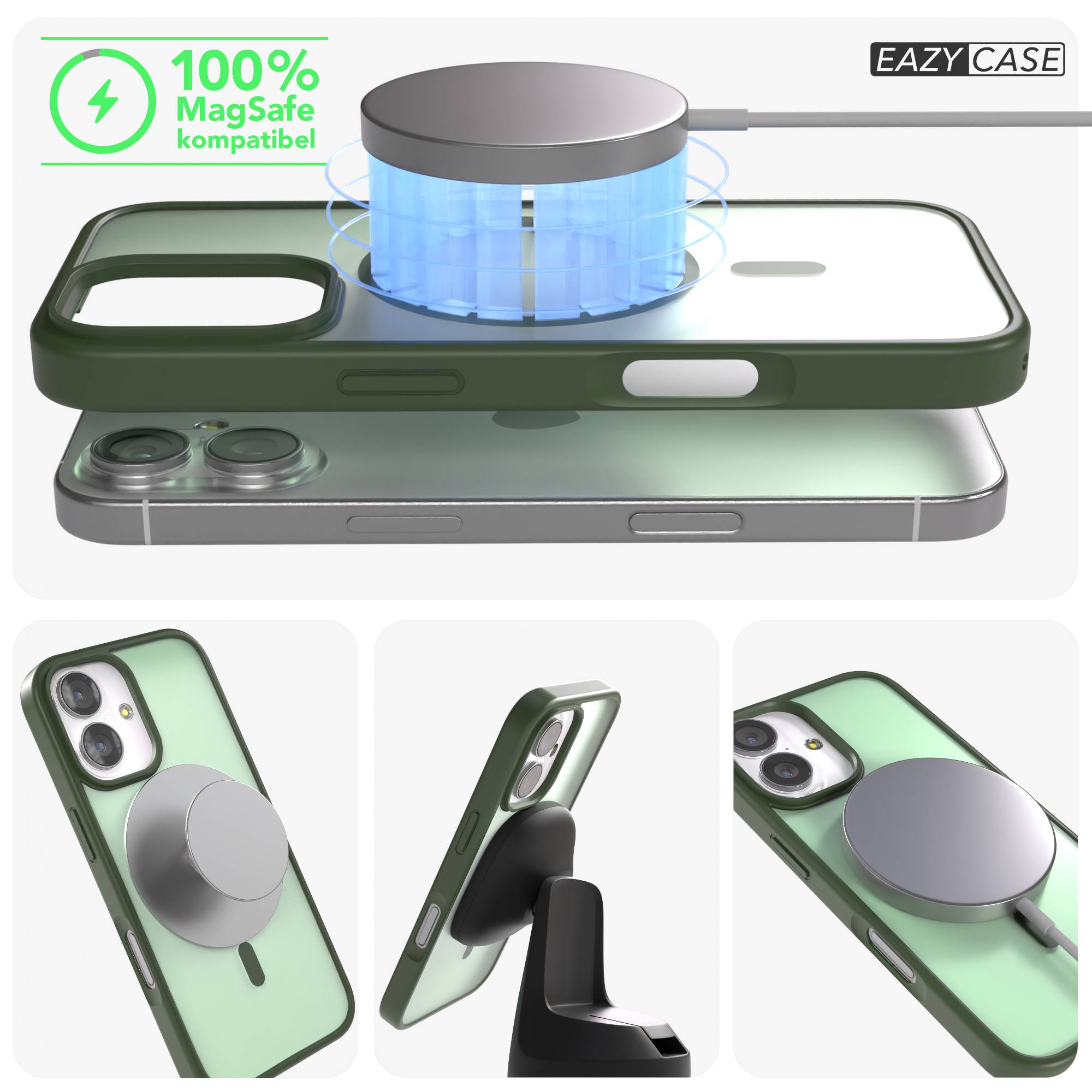 Grüne Handyhülle mit MagSafe-Ladegerät, das einen iPhone-Akku auflädt.