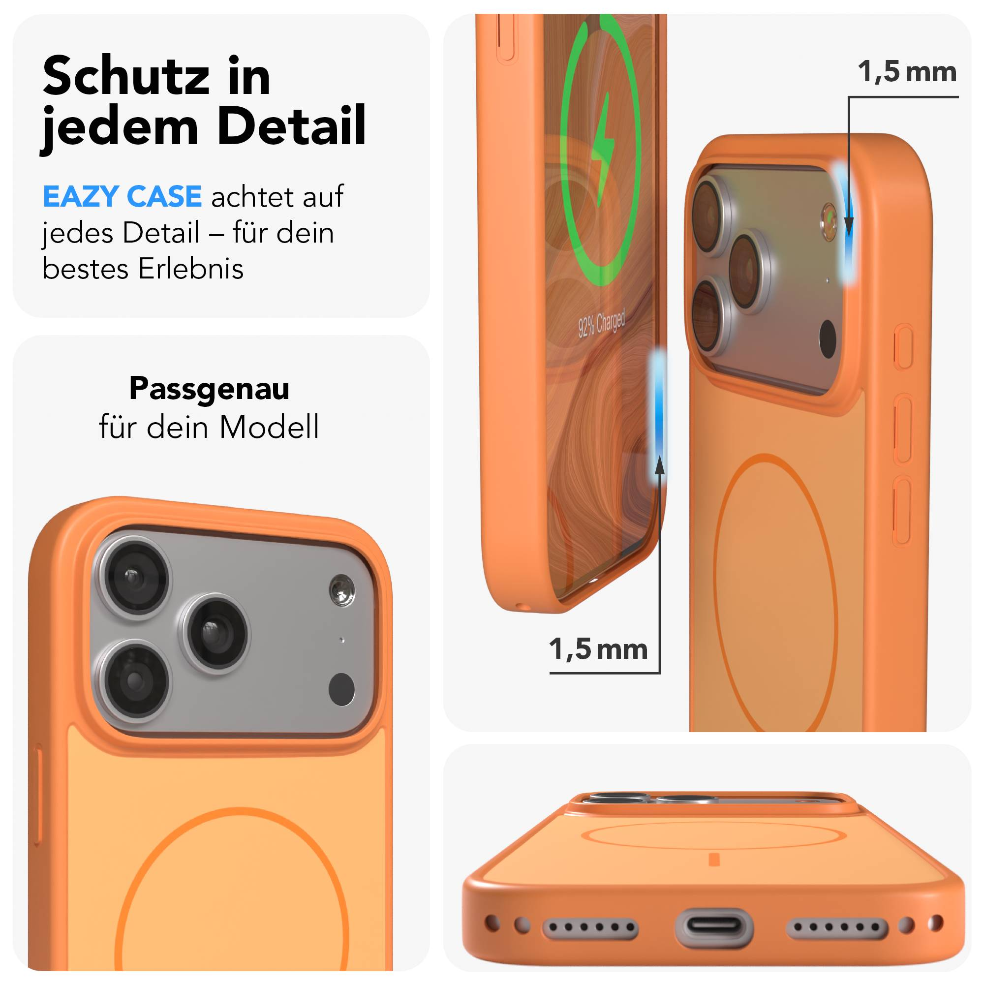 Orangenes Handycover im Detail, mit Kameraöffnung und Ladeanzeige.