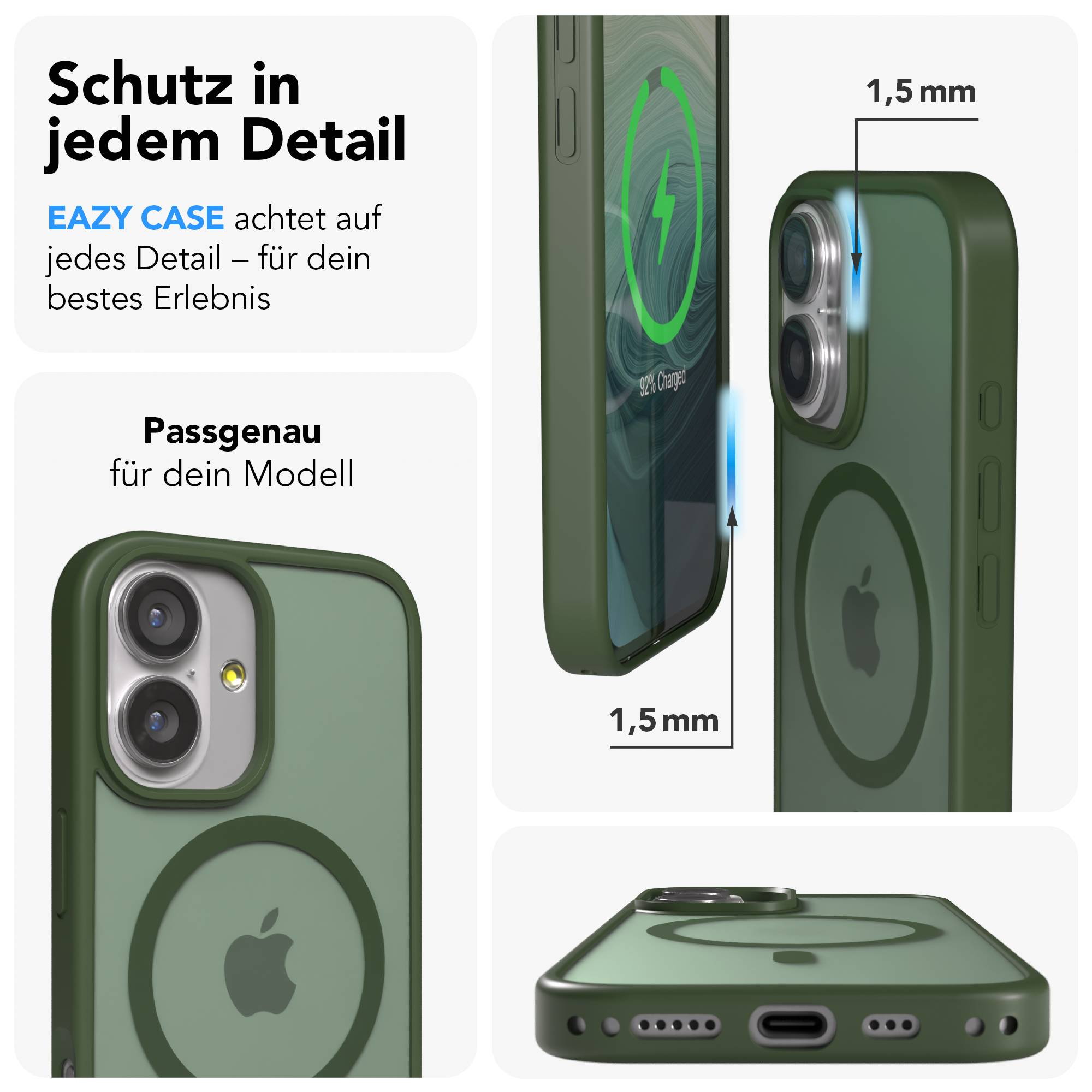 Grüne Handyhülle mit MagSafe-Ring und präziser Passform. Zeigt Ladezustand.