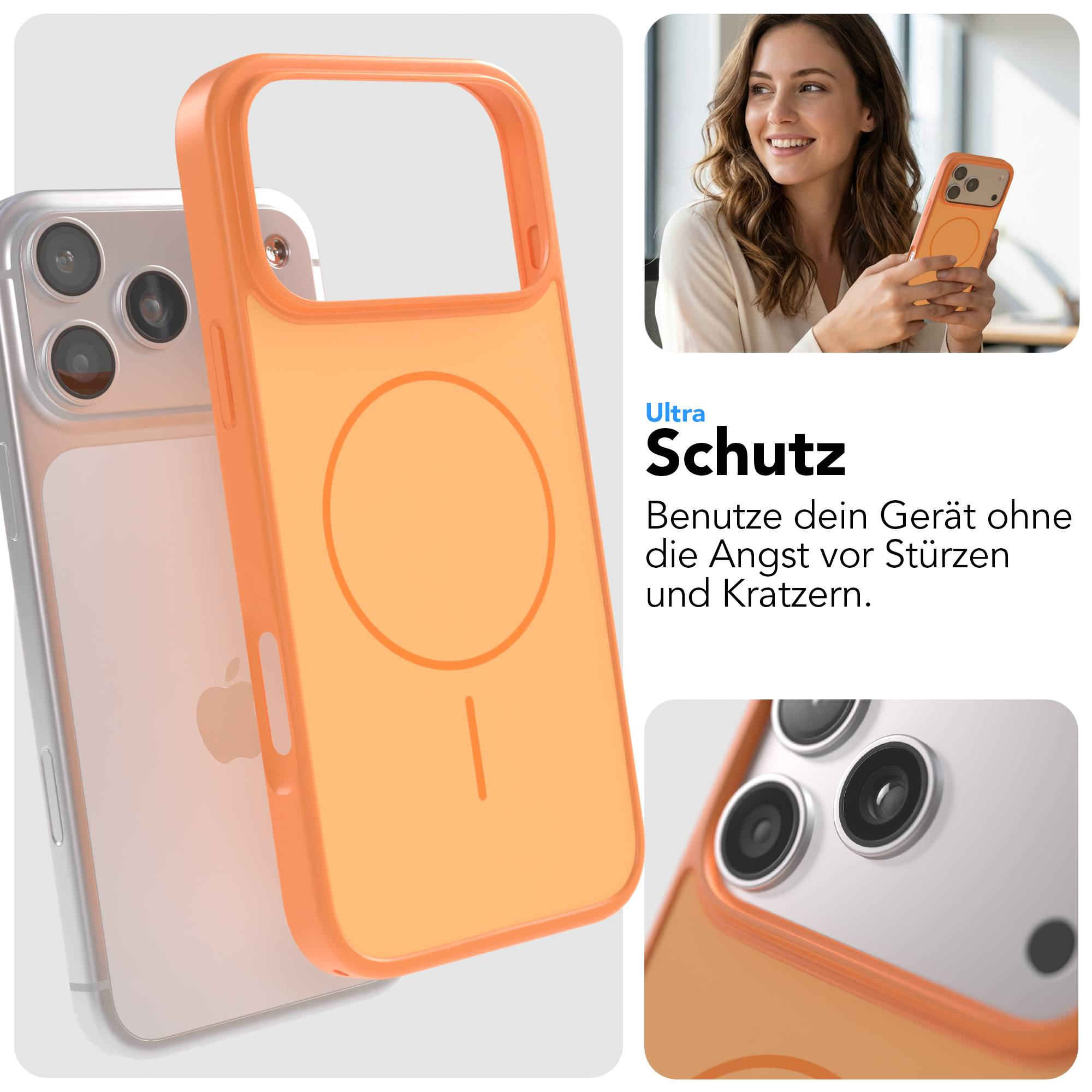 Ein orangefarbenes iPhone-Case mit einem iPhone im Hintergrund.