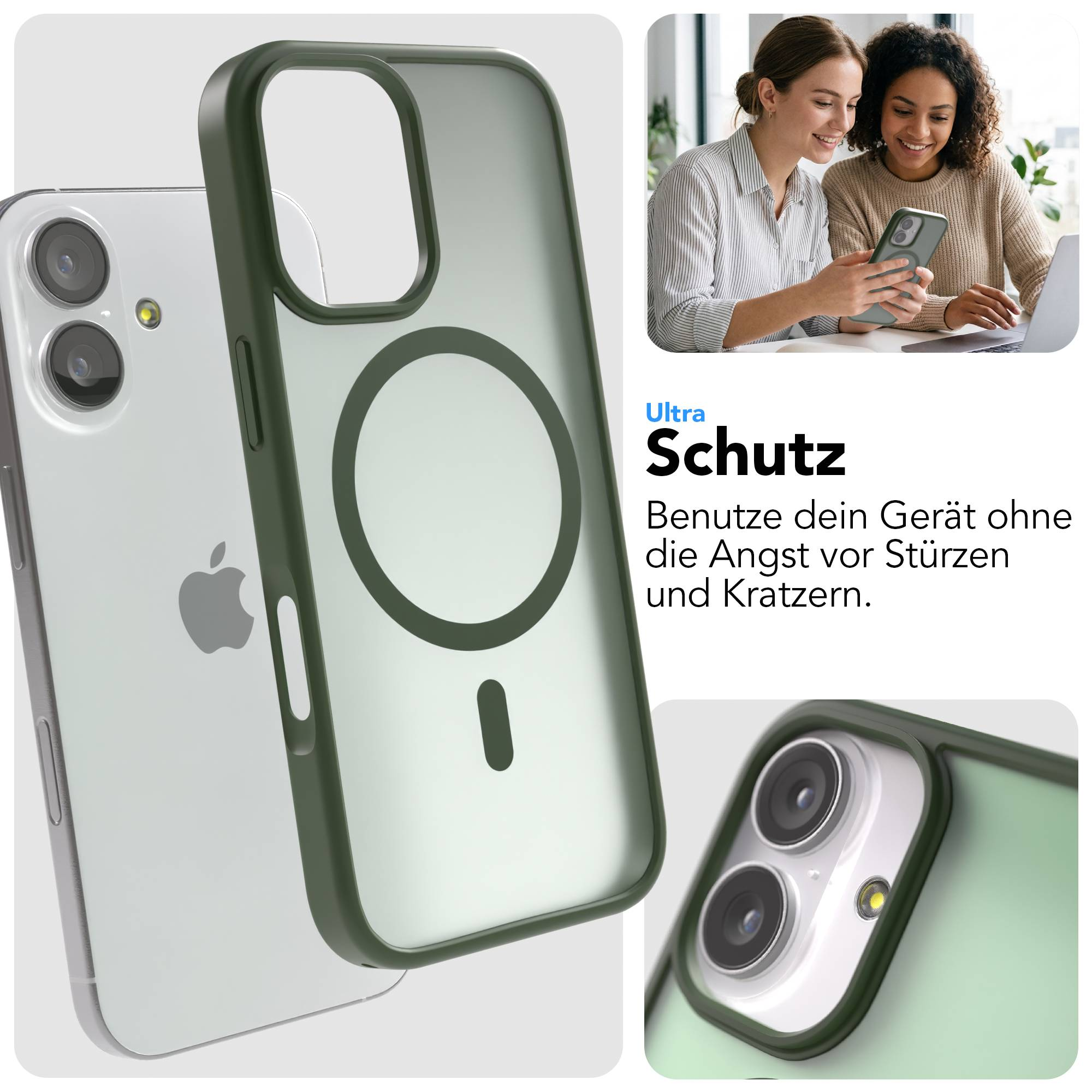 Ein grüner Handyhülle-Prototyp auf einem iPhone mit Magnetkreis.