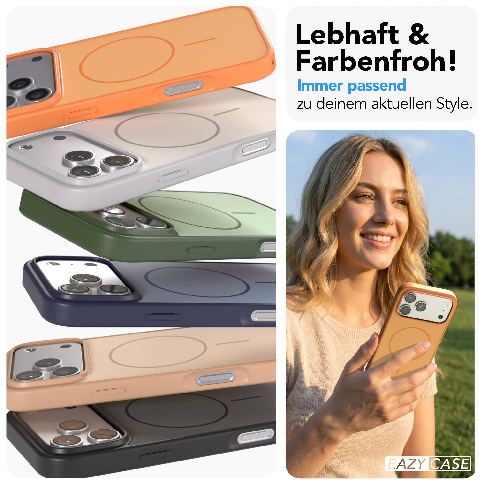 Mehrere bunte Handyhüllen stapeln sich, eine Frau hält ein Handy mit Hülle.