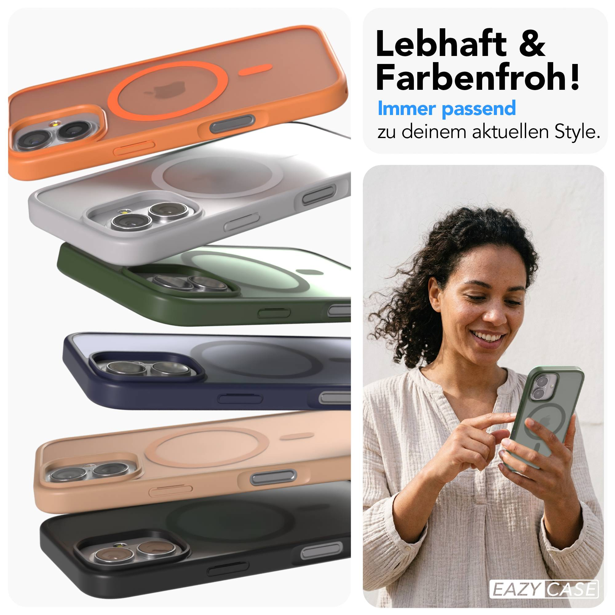 Fünf iPhone-Hüllen in Orange, Grau, Grün, Blau und Beige gestapelt. Eine Frau hält eine grüne Hülle.