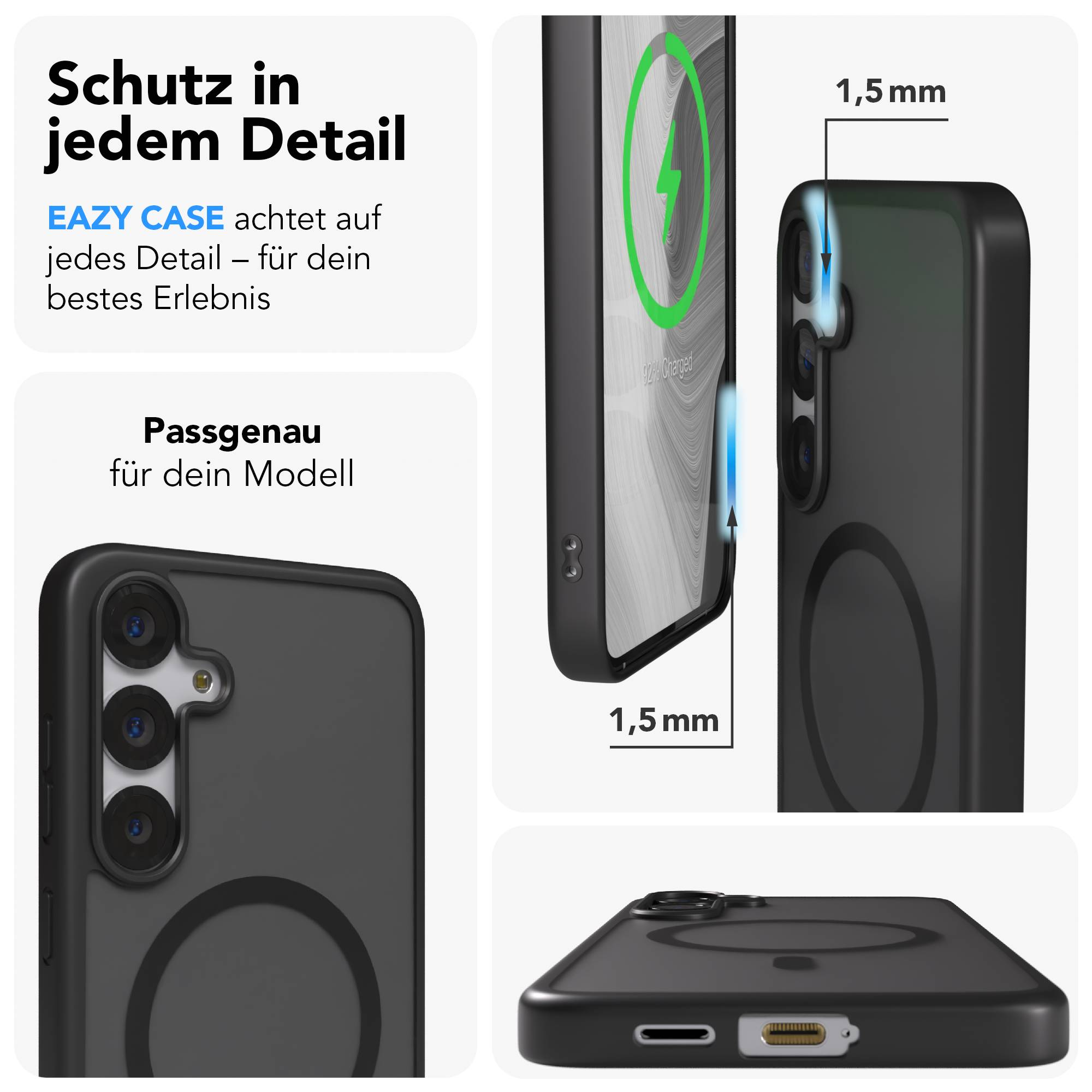 Schwarze Handyhülle mit Kameraschutz und Ladeanzeige. 1,5mm.