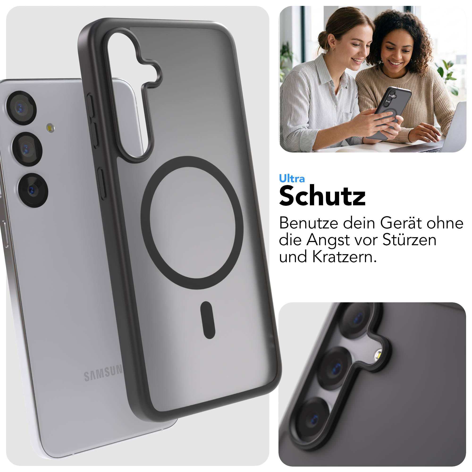 Graue Handyhülle mit MagSafe-Kreis auf transparentem Hintergrund.