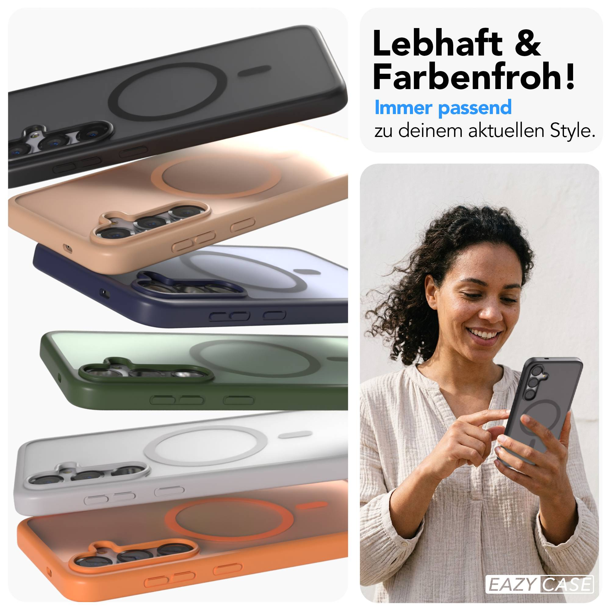 Fünf Handyhüllen in verschiedenen Farben mit Magnetring. Frau hält ein Handy.