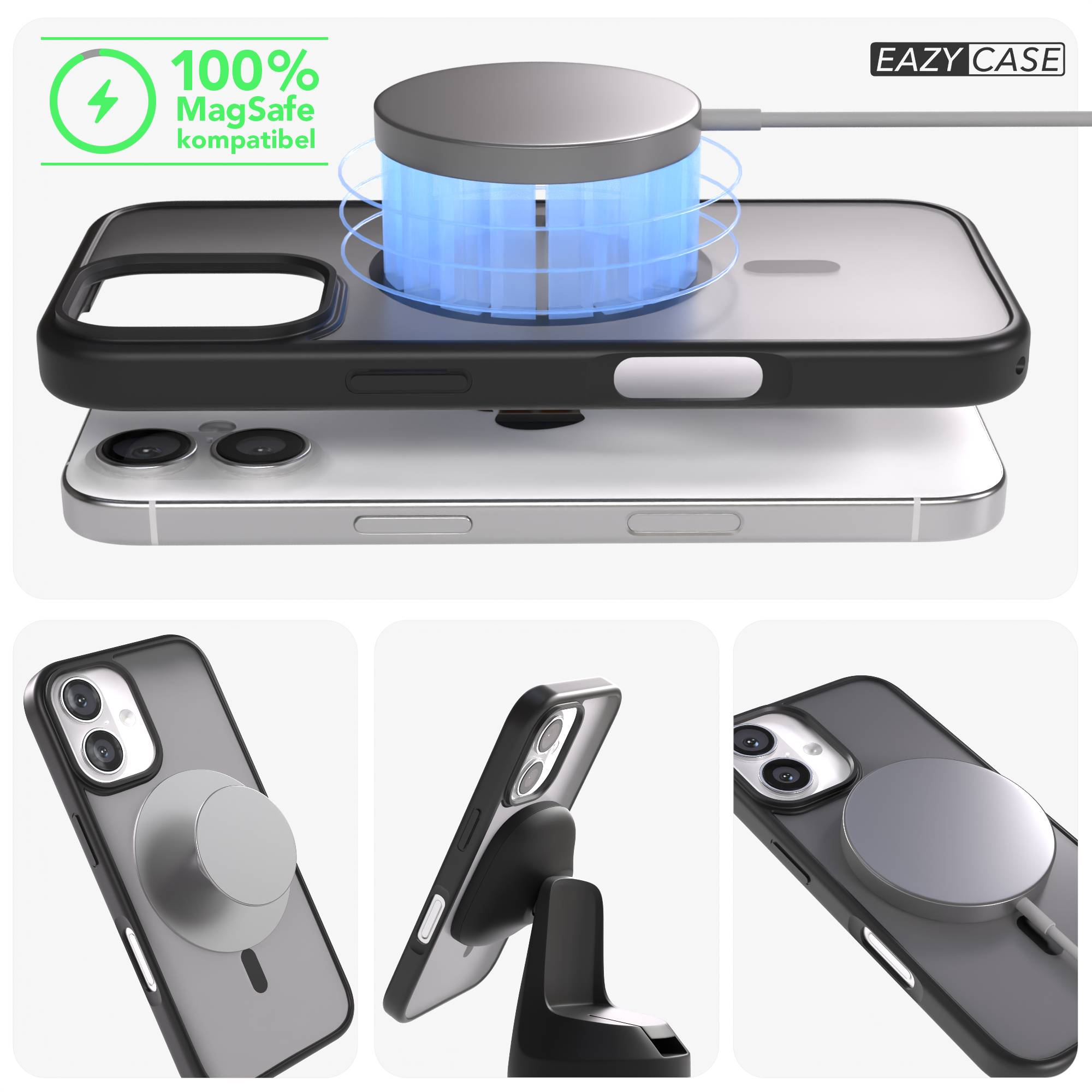 iPhone mit MagSafe Ladeadapter und Hülle auf einem Tisch.