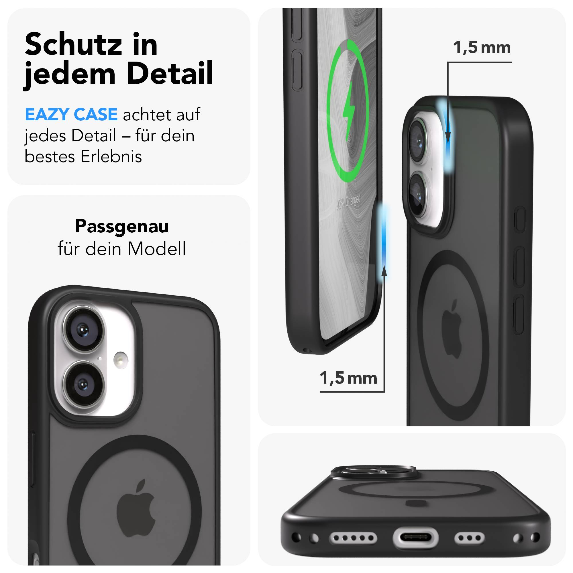 Schwarze Handyhülle mit Apple-Logo, zeigt 1,5mm Schutz und Ladefunktion.