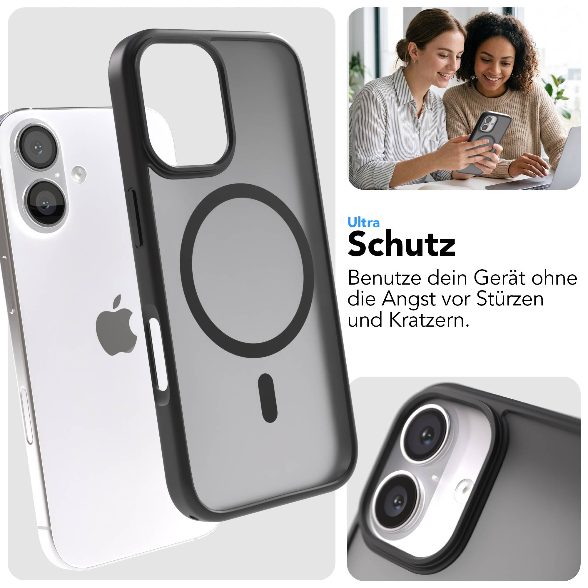 Ein schwarzes Handycover mit Magnetring und ein iPhone werden gezeigt.