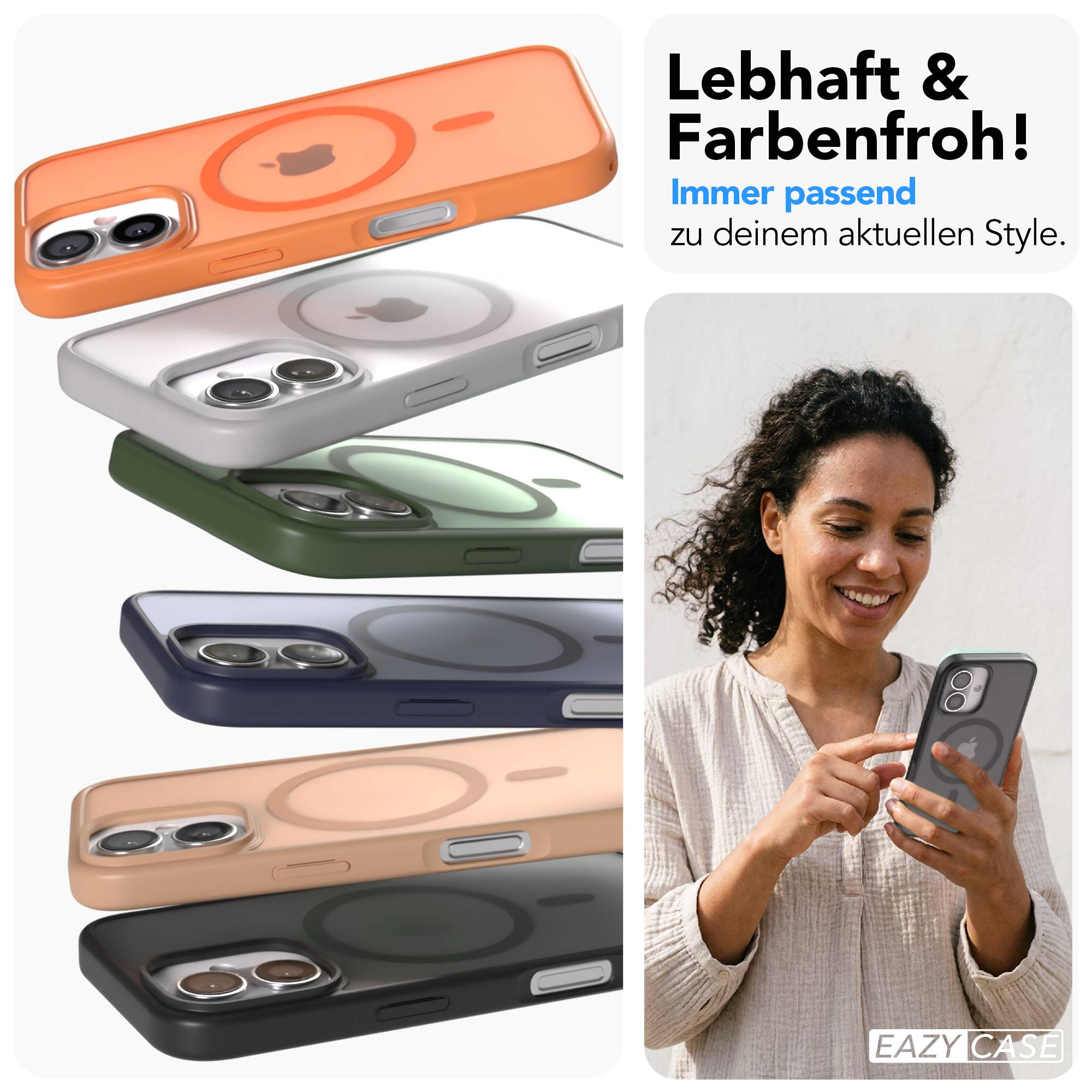 iPhone-Hüllen in verschiedenen Farben mit MagSafe-Ring, neben einer Frau mit Smartphone.