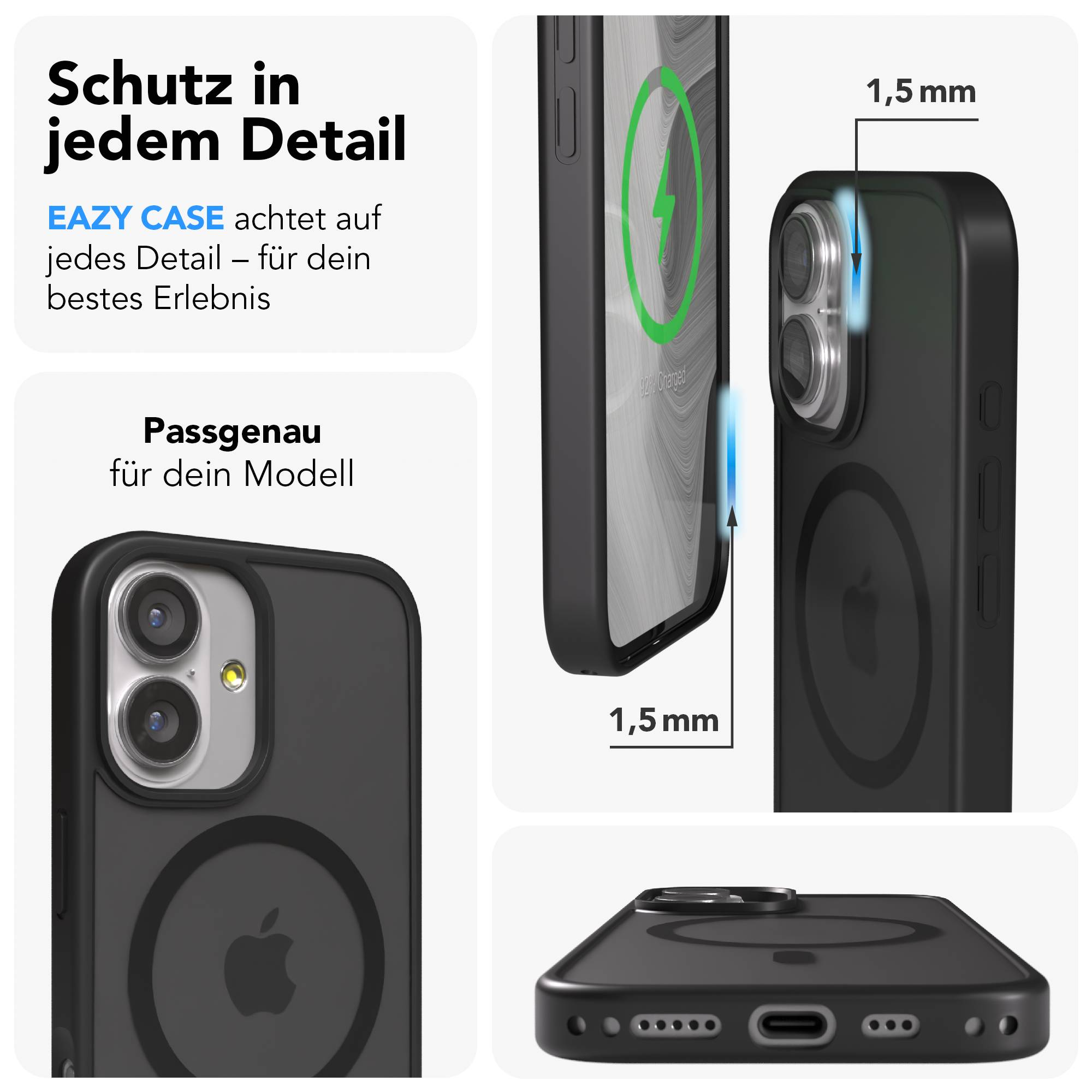 Schwarze Handyhülle mit präziser Passform und 1,5mm Rand.