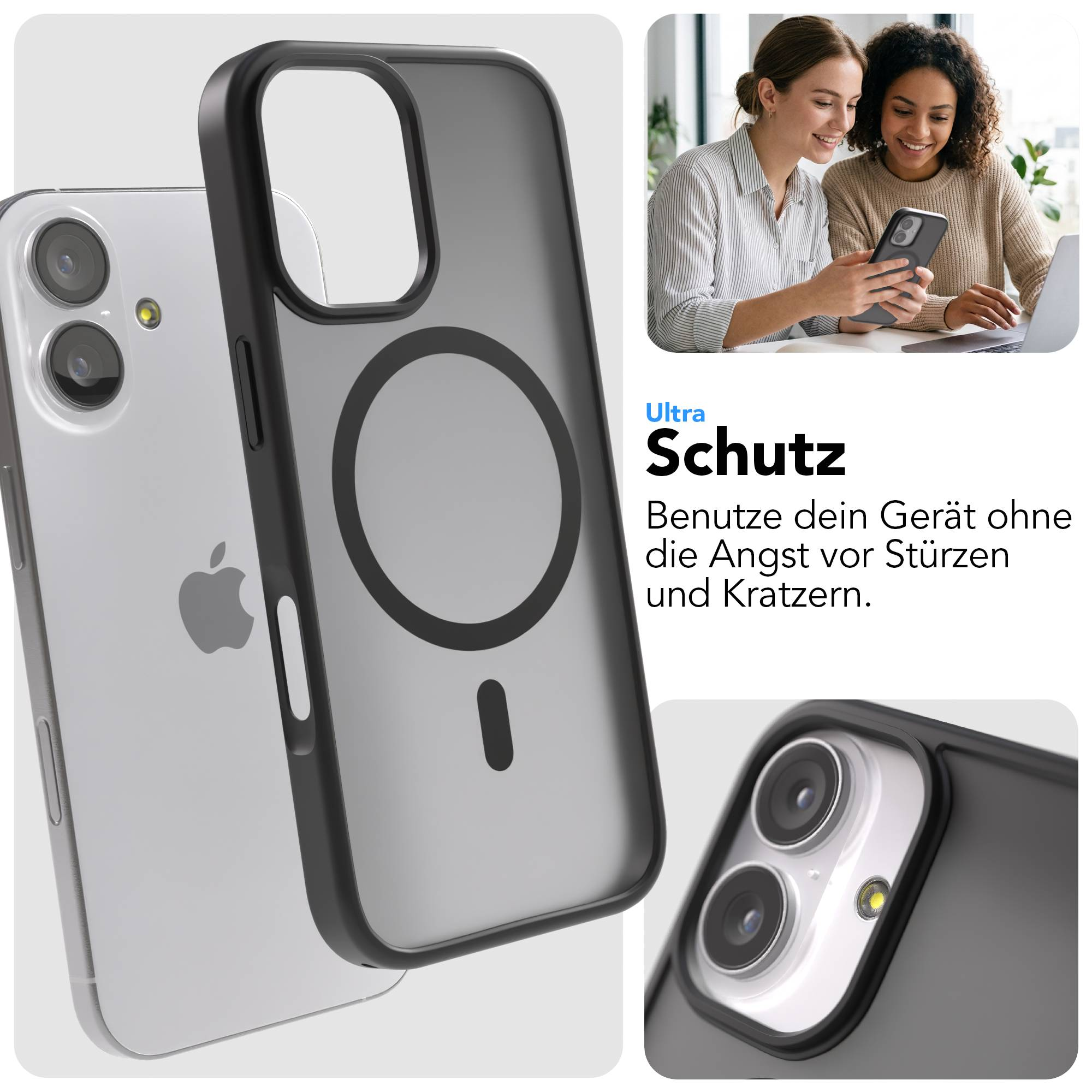 Graues Handycase mit MagSafe-Ring auf transparentem Handy. Zwei Frauen schauen auf Handy.